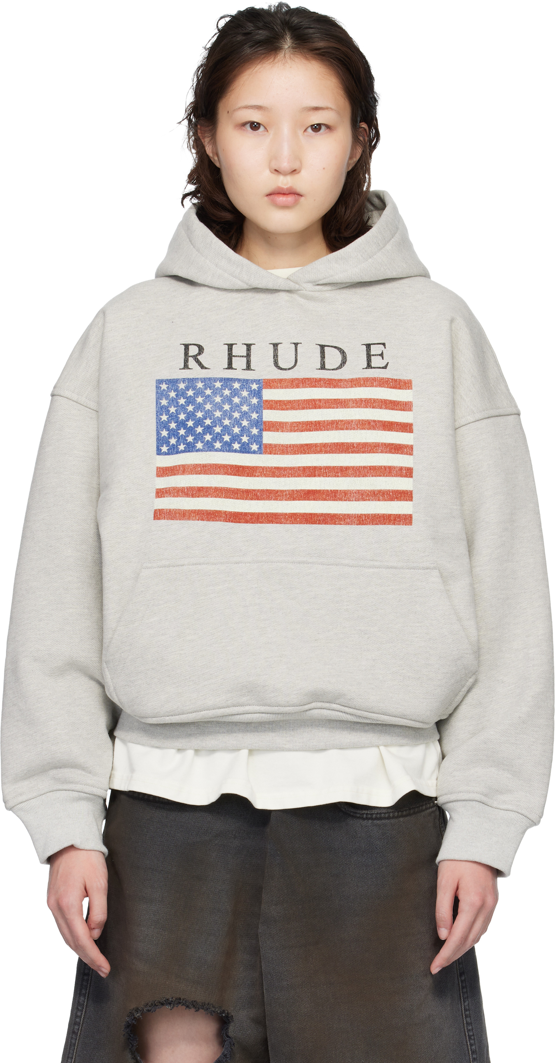 Rhude - Pull à capuche gris à logo et image