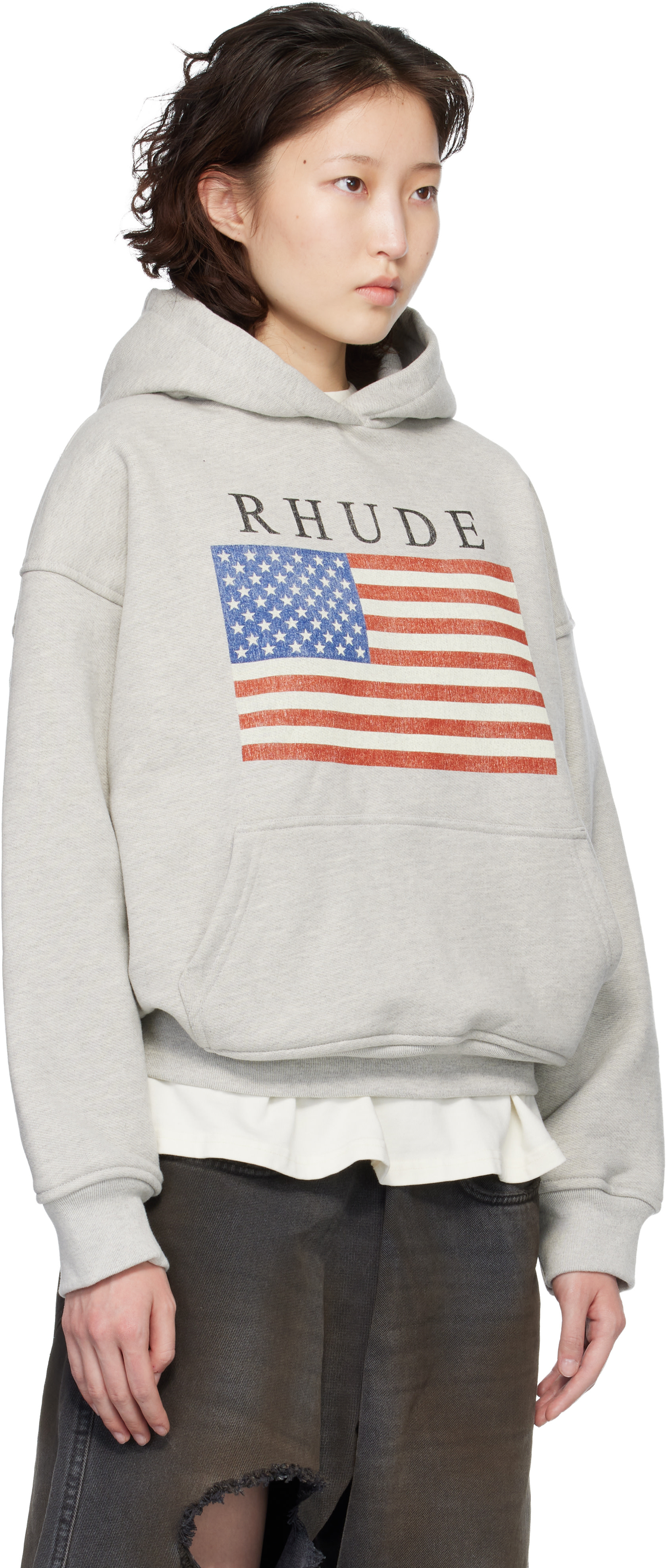 Rhude - Pull à capuche gris à logo et image