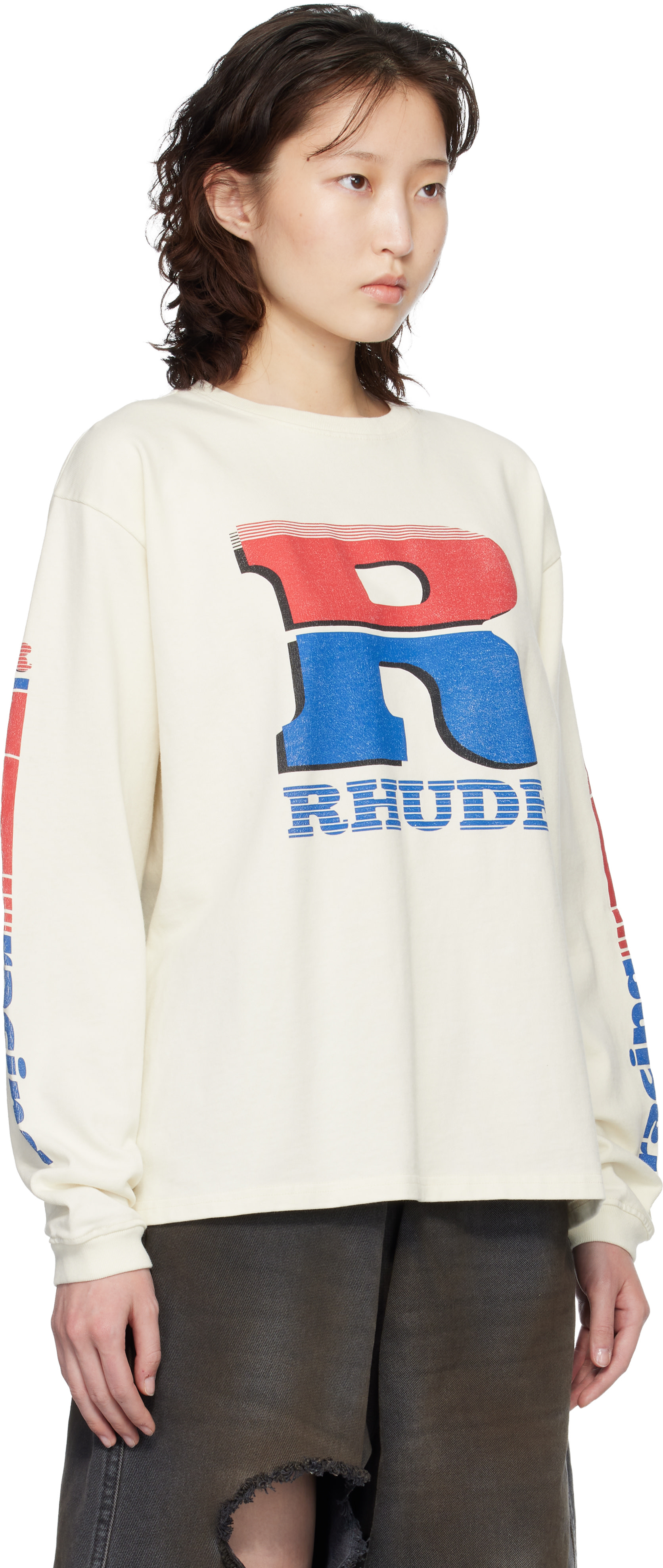 Rhude - Off-White Split Petrol Logo LS T-shirt
