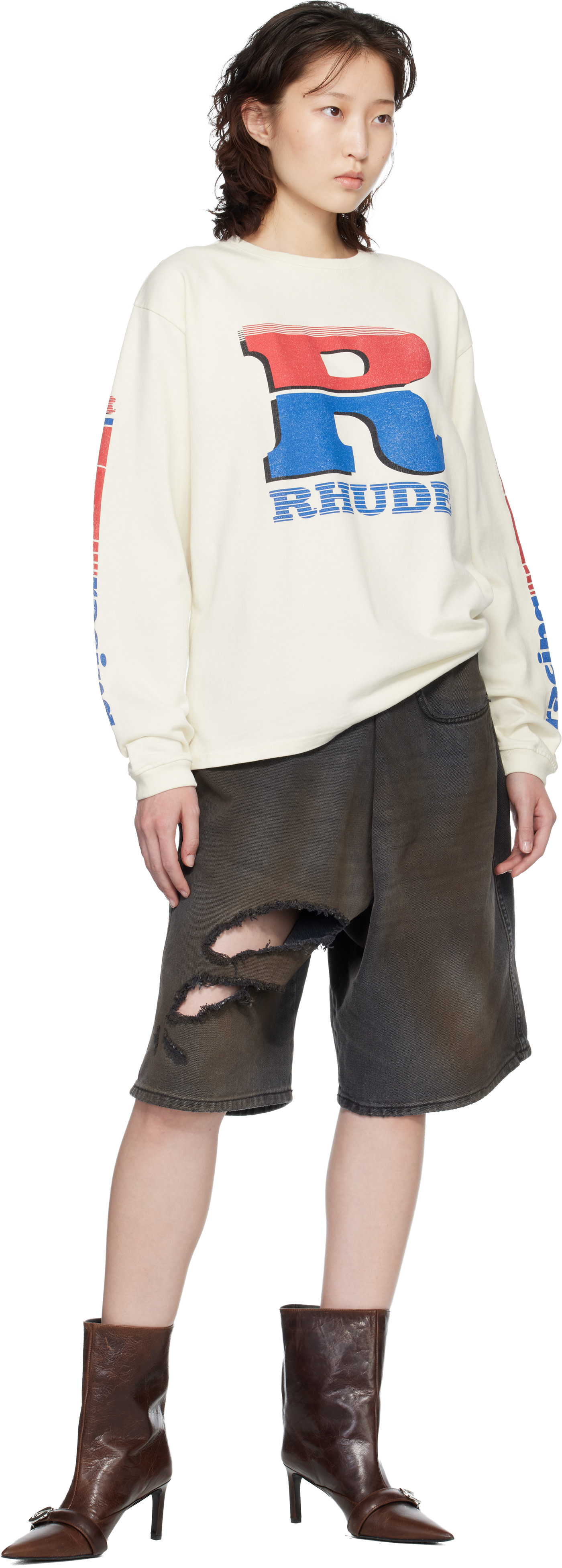 Rhude - Off-White Split Petrol Logo LS T-shirt