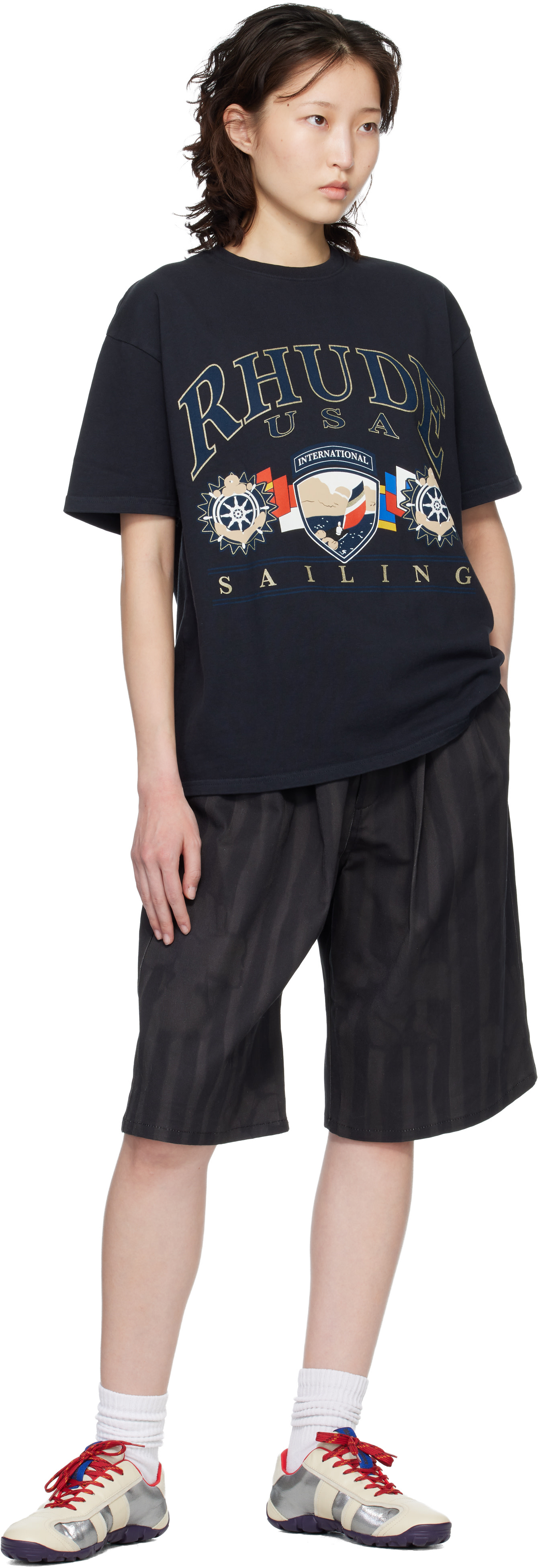Rhude: Black USA Sailing Icon T-shirt | SSENSE