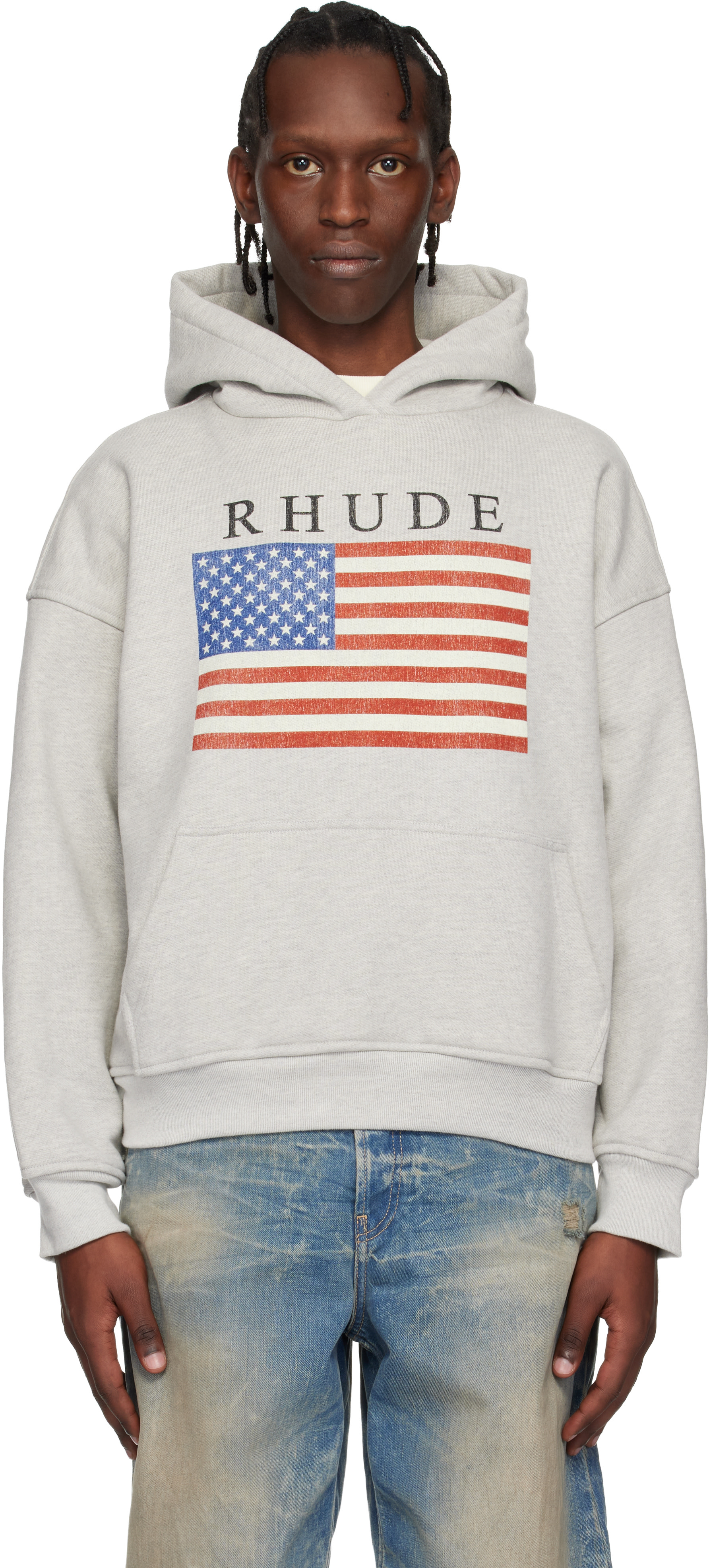 Rhude - Pull à capuche gris à logo et image