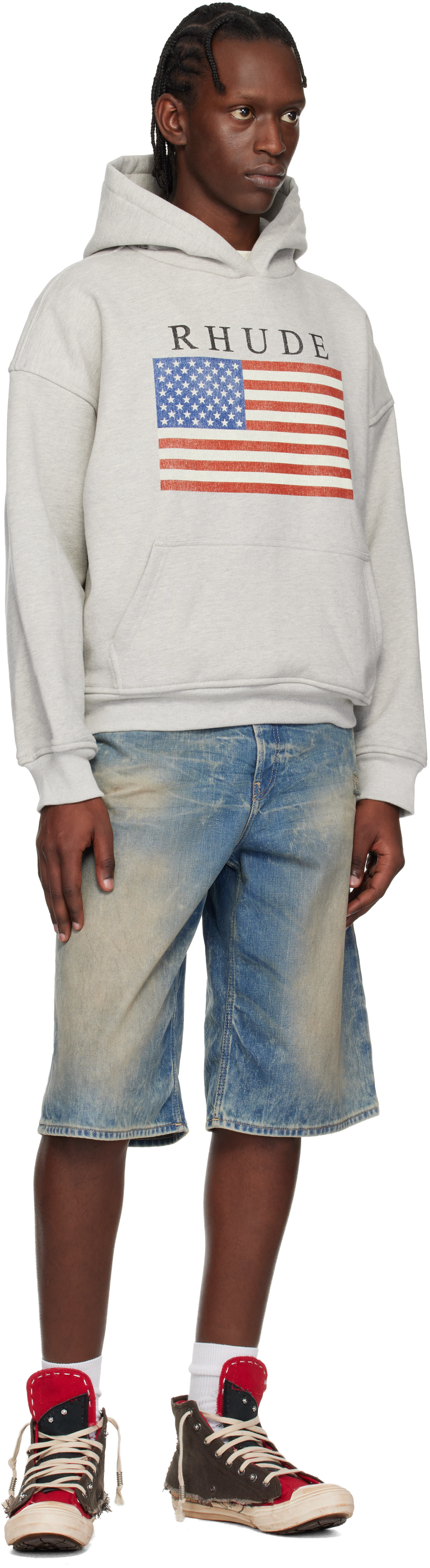 Rhude - Pull à capuche gris à logo et image