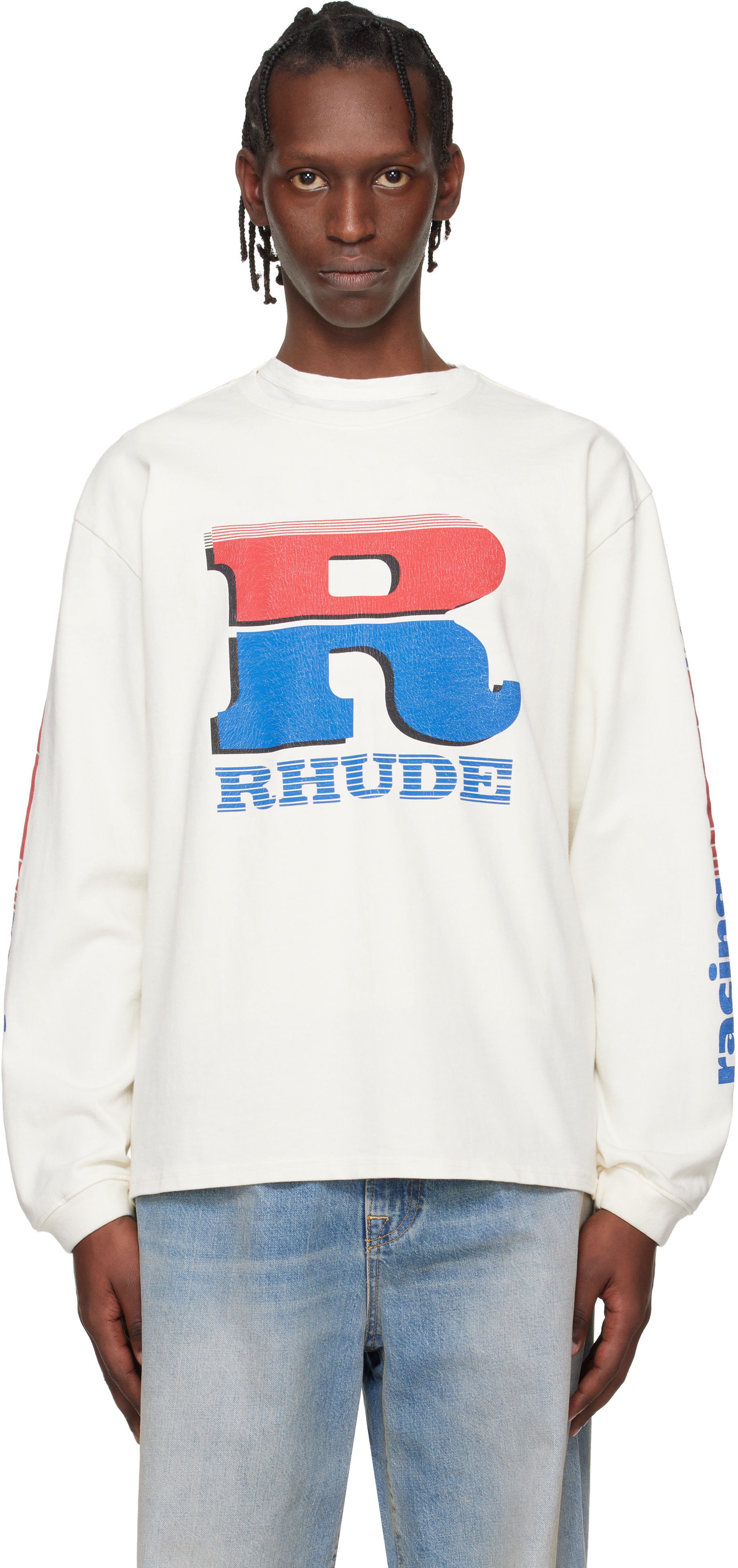 Rhude - 오프 화이트 스플릿 페트롤 로고 LS 티셔츠