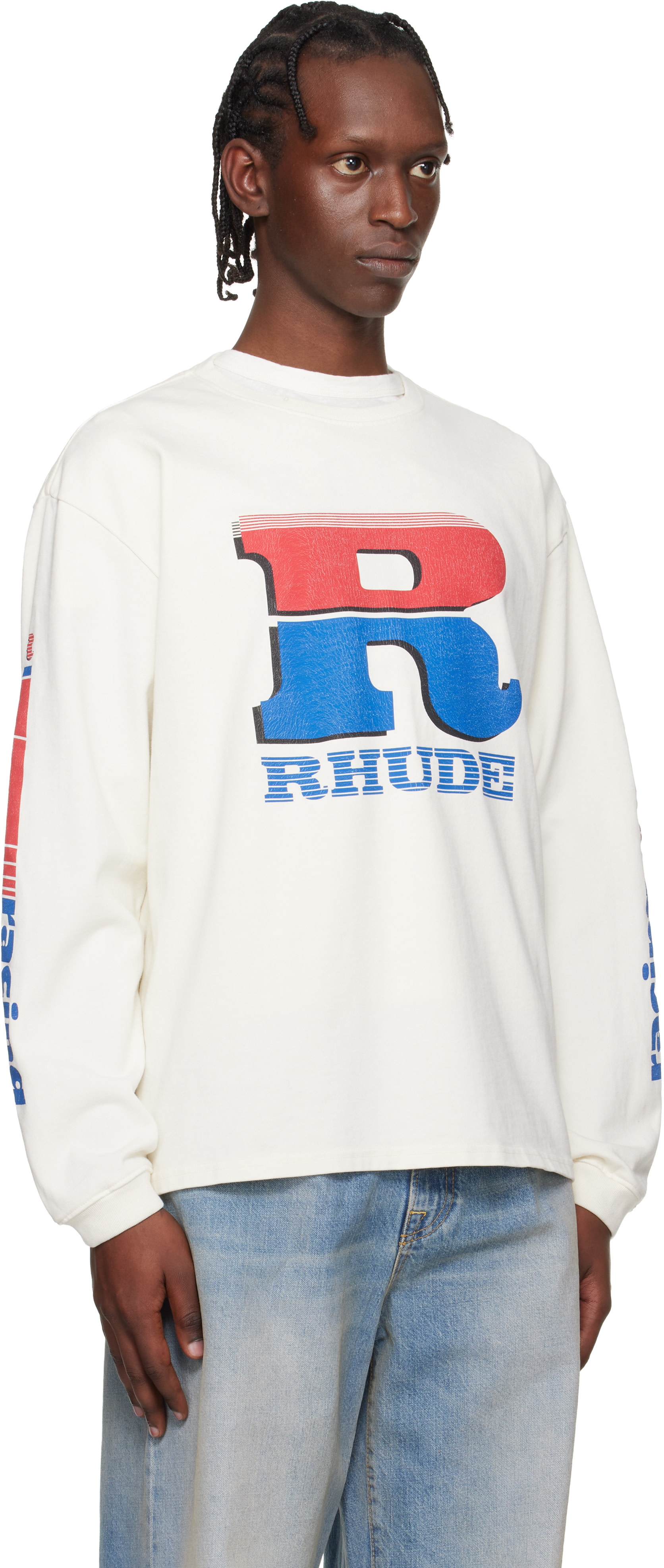 Rhude - 오프 화이트 스플릿 페트롤 로고 LS 티셔츠