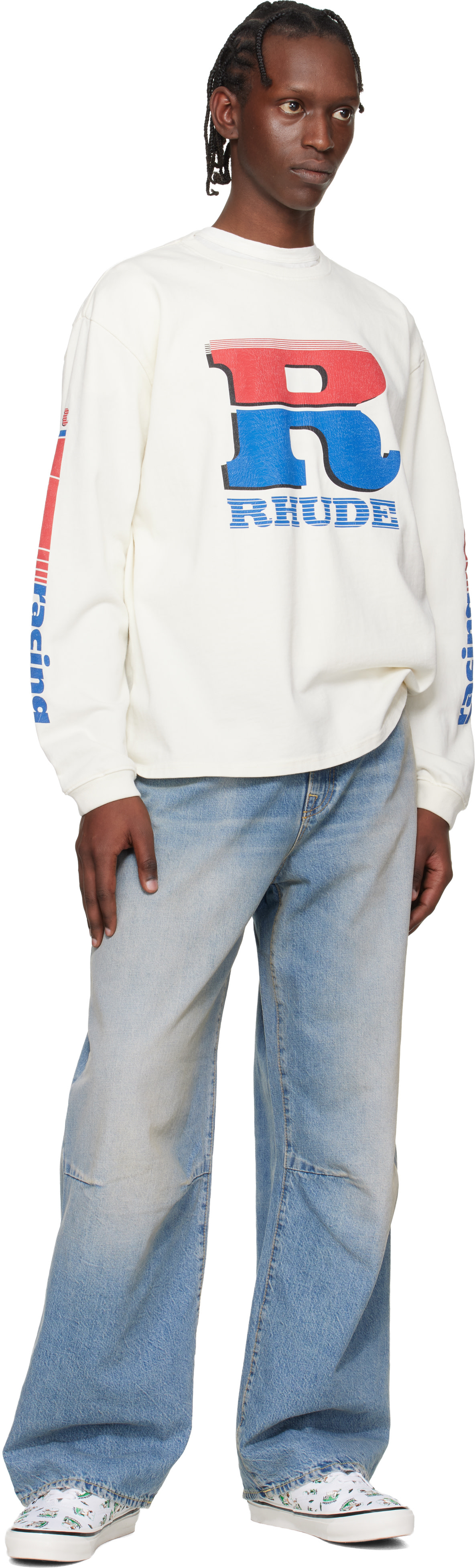 Rhude - 오프 화이트 스플릿 페트롤 로고 LS 티셔츠