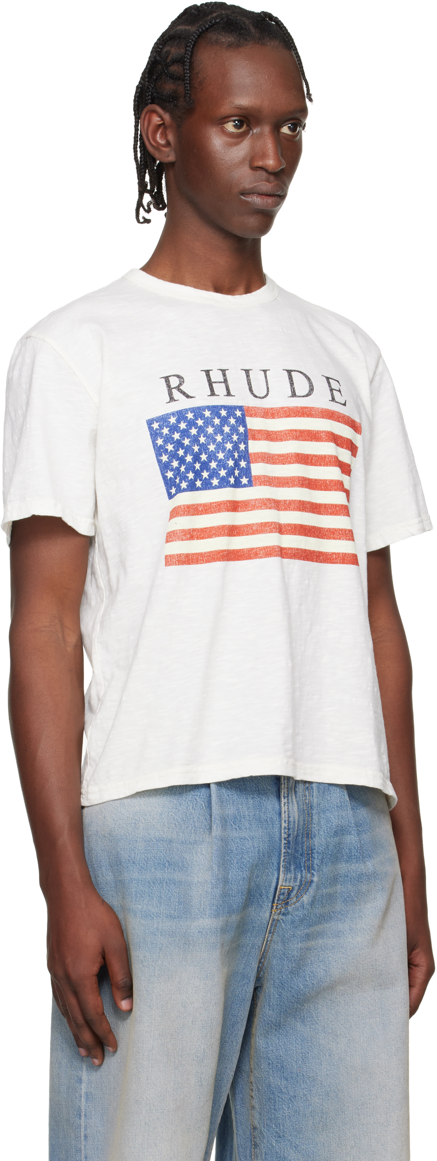 Rhude: オフホワイト USA Flag スラブ Tシャツ | SSENSE 日本