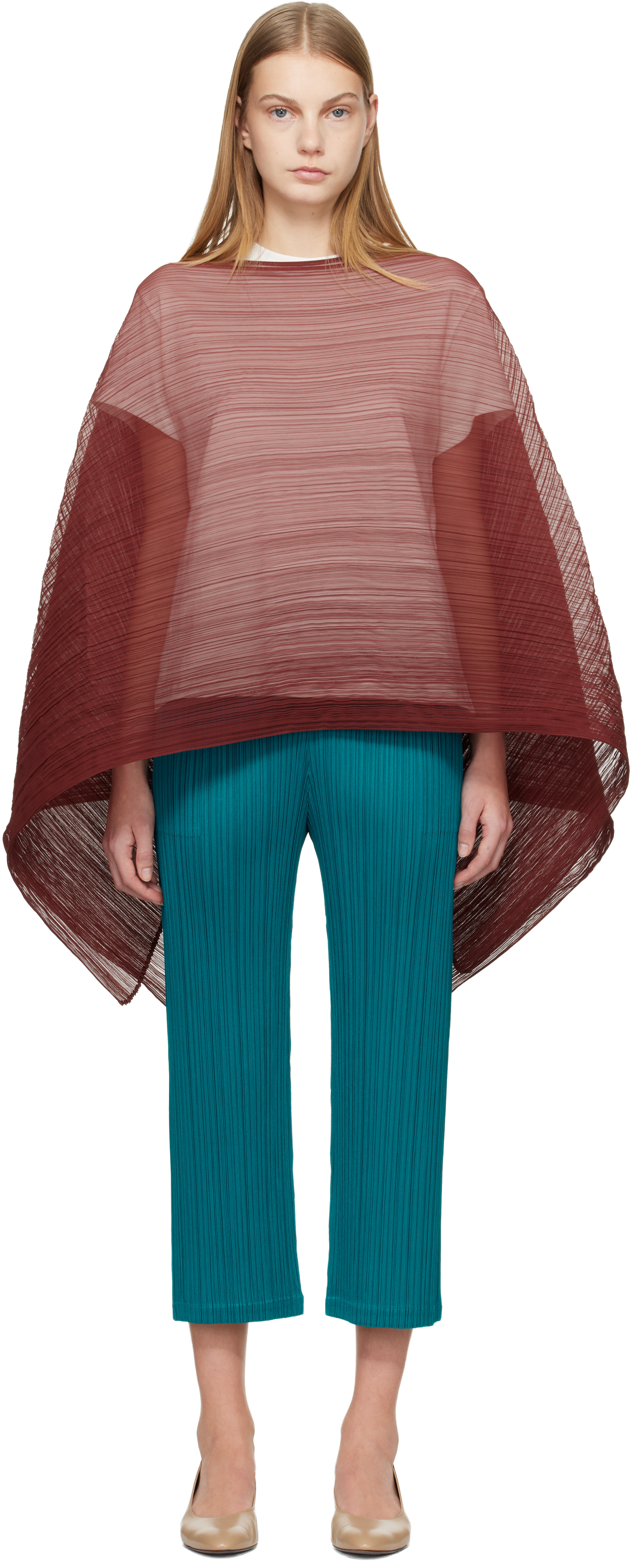 PLEATS PLEASE ISSEY MIYAKE: Burgundy Madame-T October Scarf | SSENSE PLEATS PLEASE ISSEY MIYAKE: Burgundy Madame-T October Scarf | SSENSE