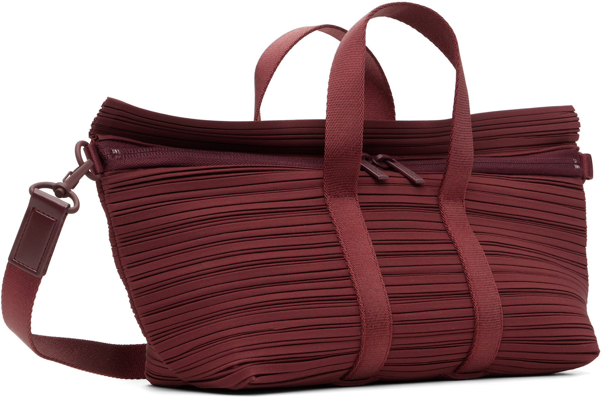 PLEATS PLEASE ISSEY MIYAKE: Burgundy Pleats Boston Bag | SSENSE