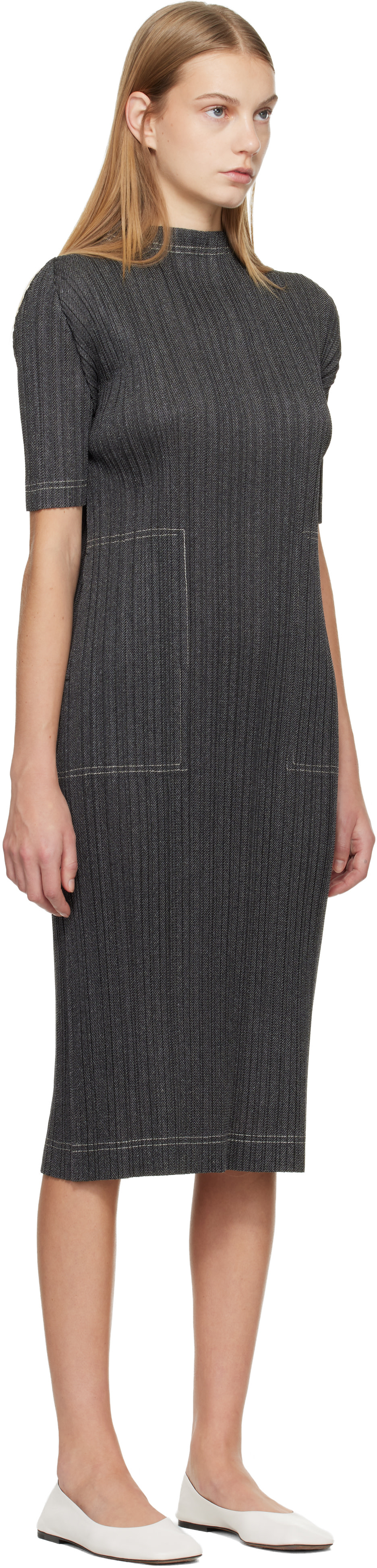 PLEATS PLEASE ISSEY MIYAKE: Gray Cotton Denim Midi Dress | SSENSE