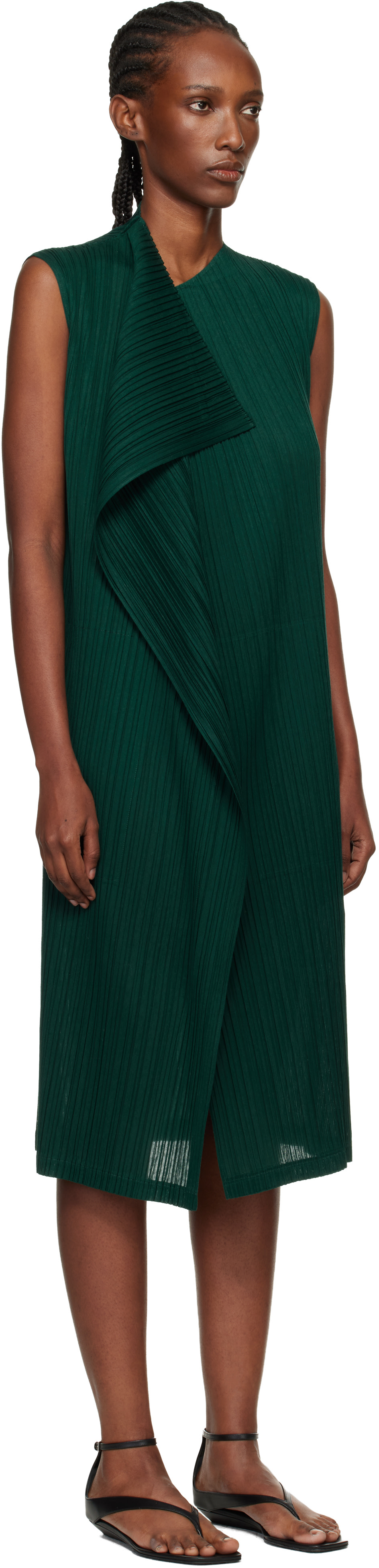 PLEATS PLEASE RAMIE ワンピース　すダークグリーン PLEATS PLEASE ISSEY MIYAKE: Green Ramie Pleats Maxi Dress | SSENSE