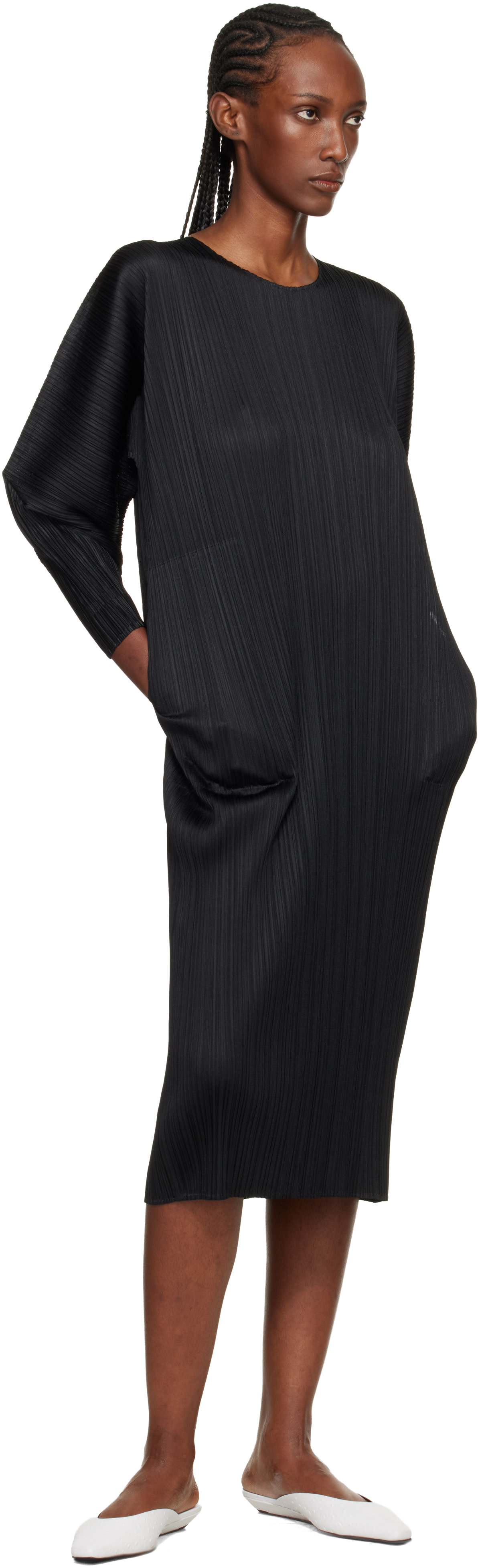 PLEATS PLEASE ISSEY MIYAKE: Black Skyline Midi Dress | SSENSE