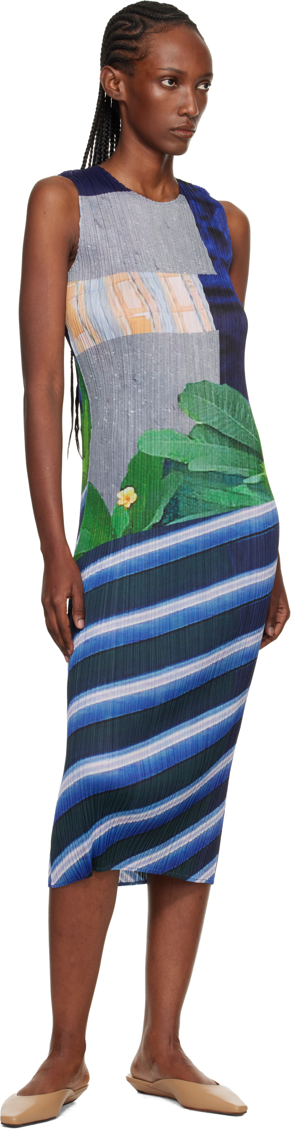 PLEATS PLEASE ISSEY MIYAKE: Gray & Navy City Collage Midi Dress