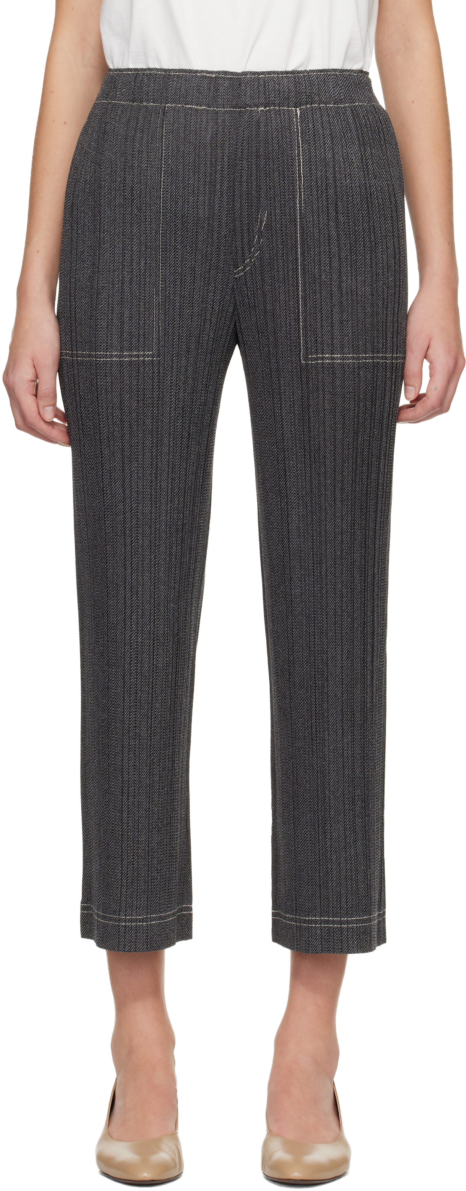PLEATS PLEASE カットオフパンツ PLEATS PLEASE ISSEY MIYAKE: Gray Cotton Denim Trousers | SSENSE