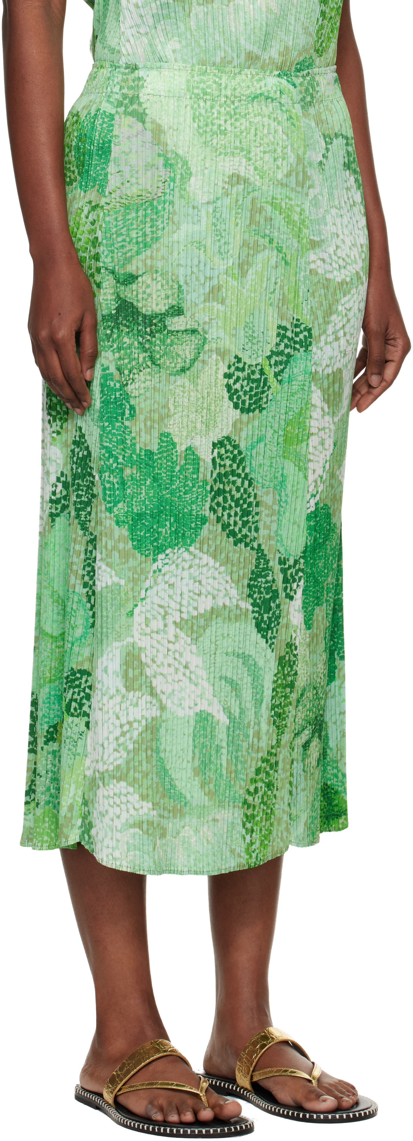 PLEATS PLEASE ISSEY MIYAKE: Green Foggy Forest Midi Skirt | SSENSE