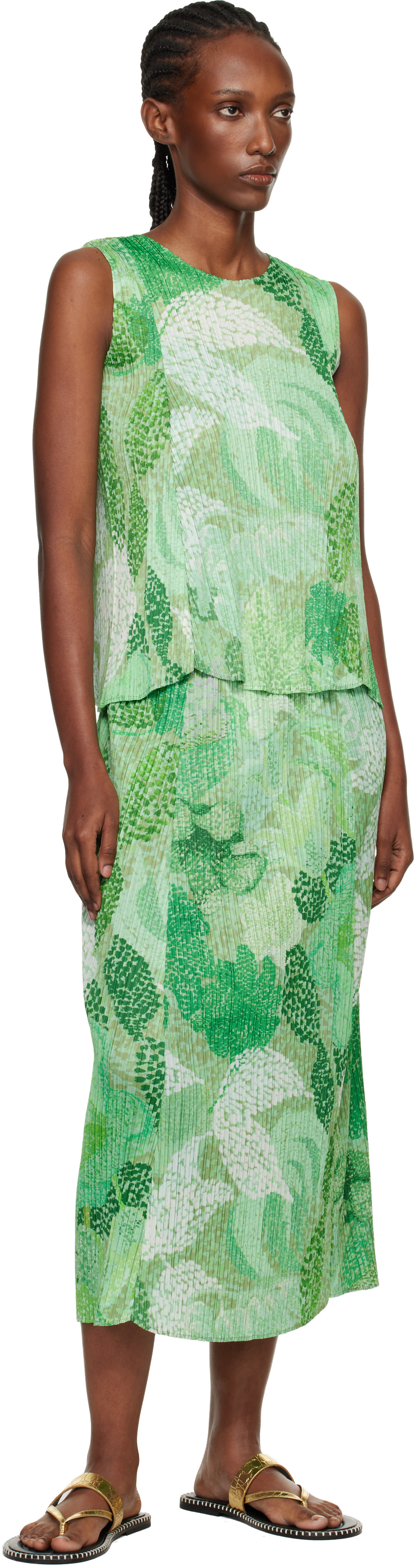 PLEATS PLEASE ISSEY MIYAKE: Green Foggy Forest Midi Skirt | SSENSE