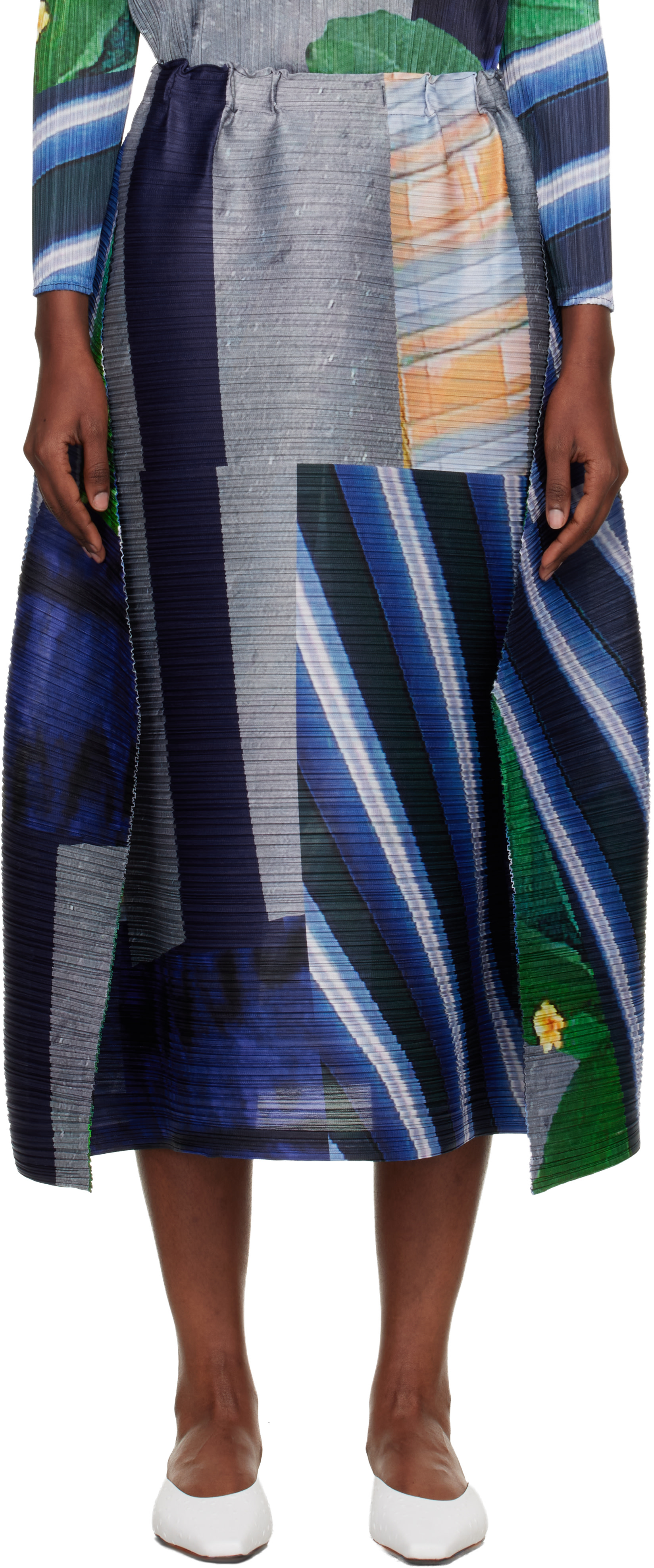 PLEATS PLEASE ISSEY MIYAKE: Gray & Navy City Collage Midi Skirt