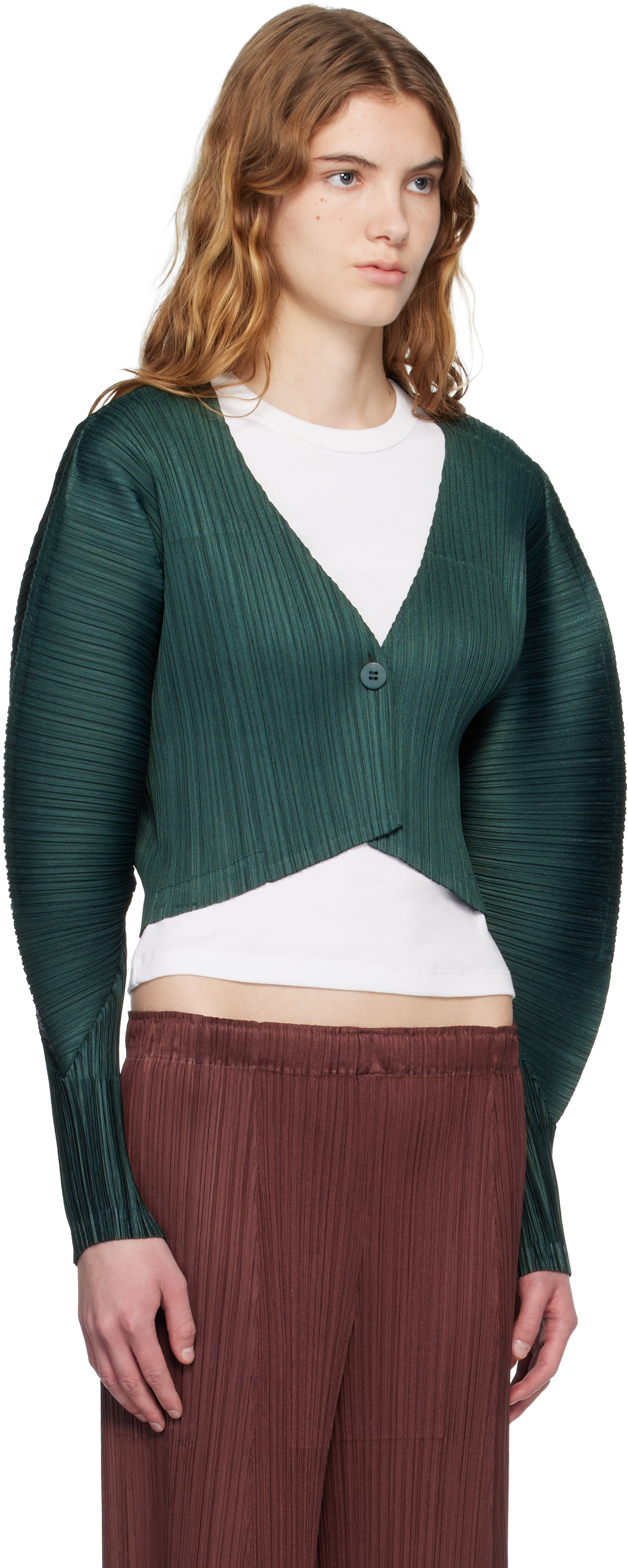 PLEATS PLEASE ISSEY MIYAKE: Green Monthly Colors December Cardigan