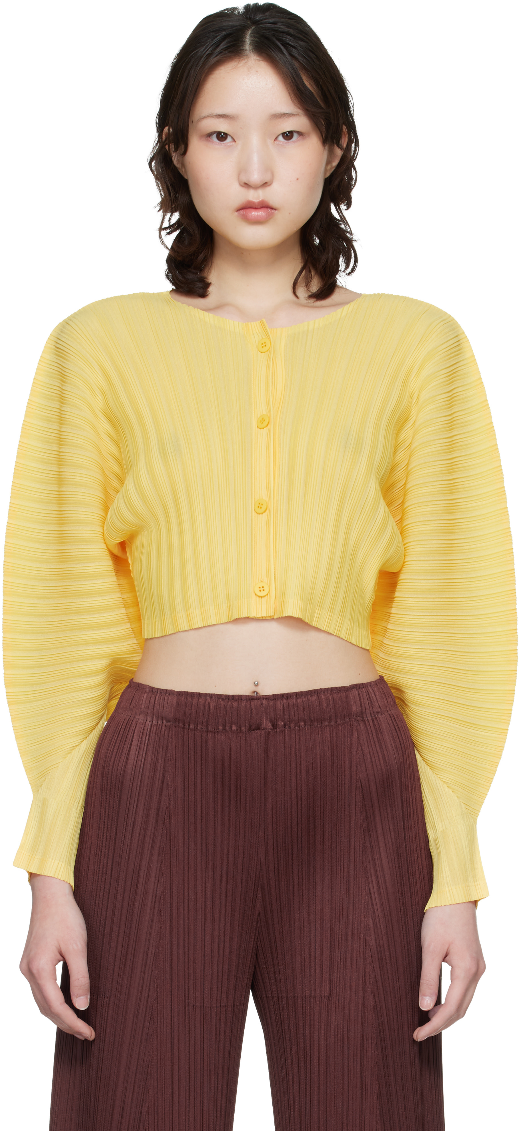 PLEATS PLEASE ISSEY MIYAKE: Yellow Rib Pleats January Cardigan