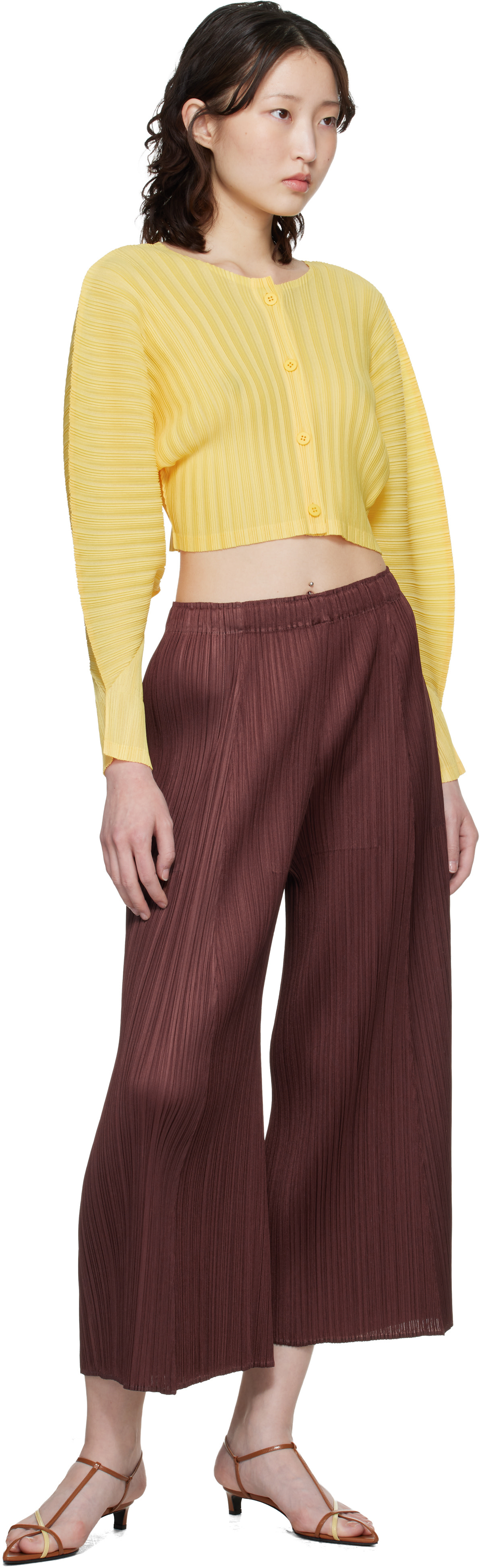 PLEATS PLEASE ISSEY MIYAKE: Yellow Rib Pleats January Cardigan