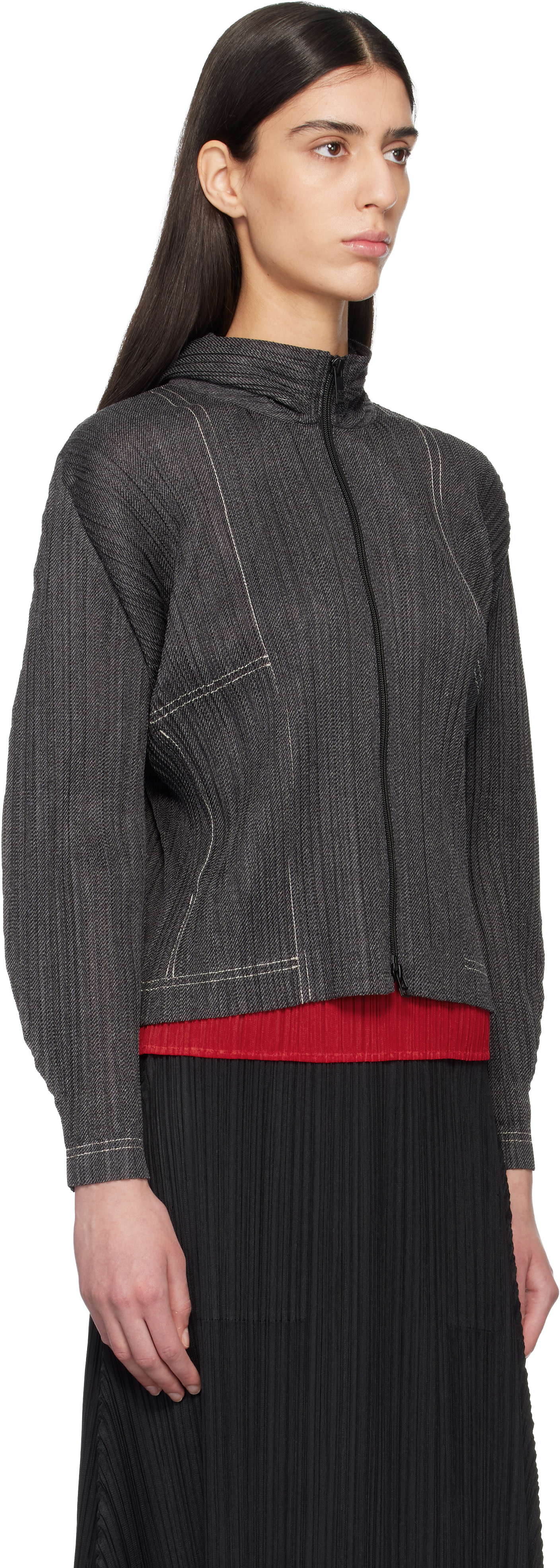 23AW pleats please issey miyake フードカットソー PLEATS PLEASE ISSEY MIYAKE: Black Cotton Denim Hoodie | SSENSE