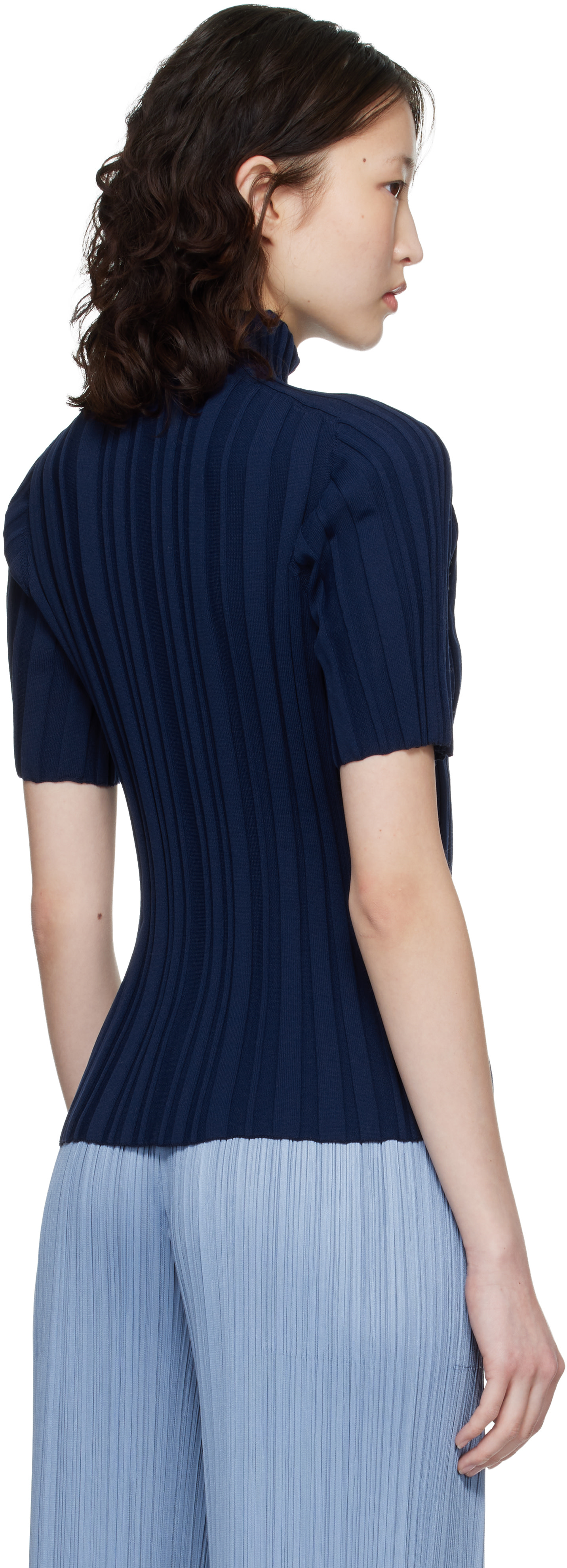 PLEATS PLEASE ISSEY MIYAKE: Navy Rib Knit Turtleneck | SSENSE