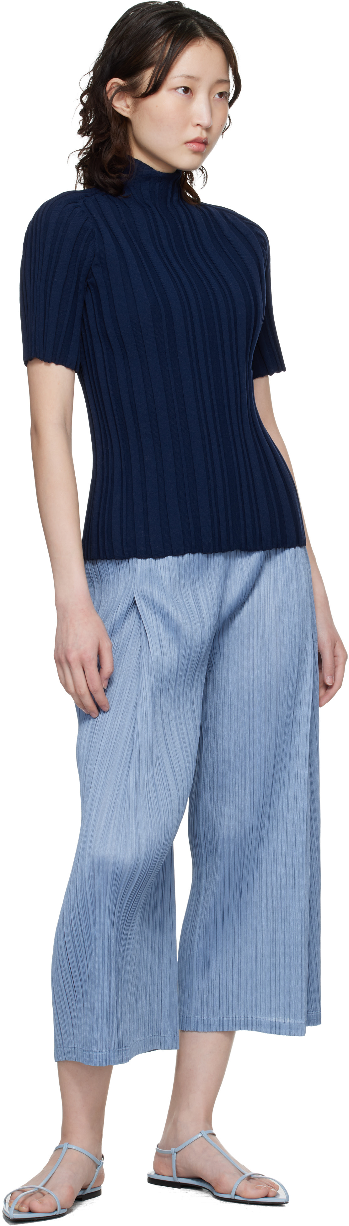 PLEATS PLEASE ISSEY MIYAKE: Navy Rib Knit Turtleneck | SSENSE