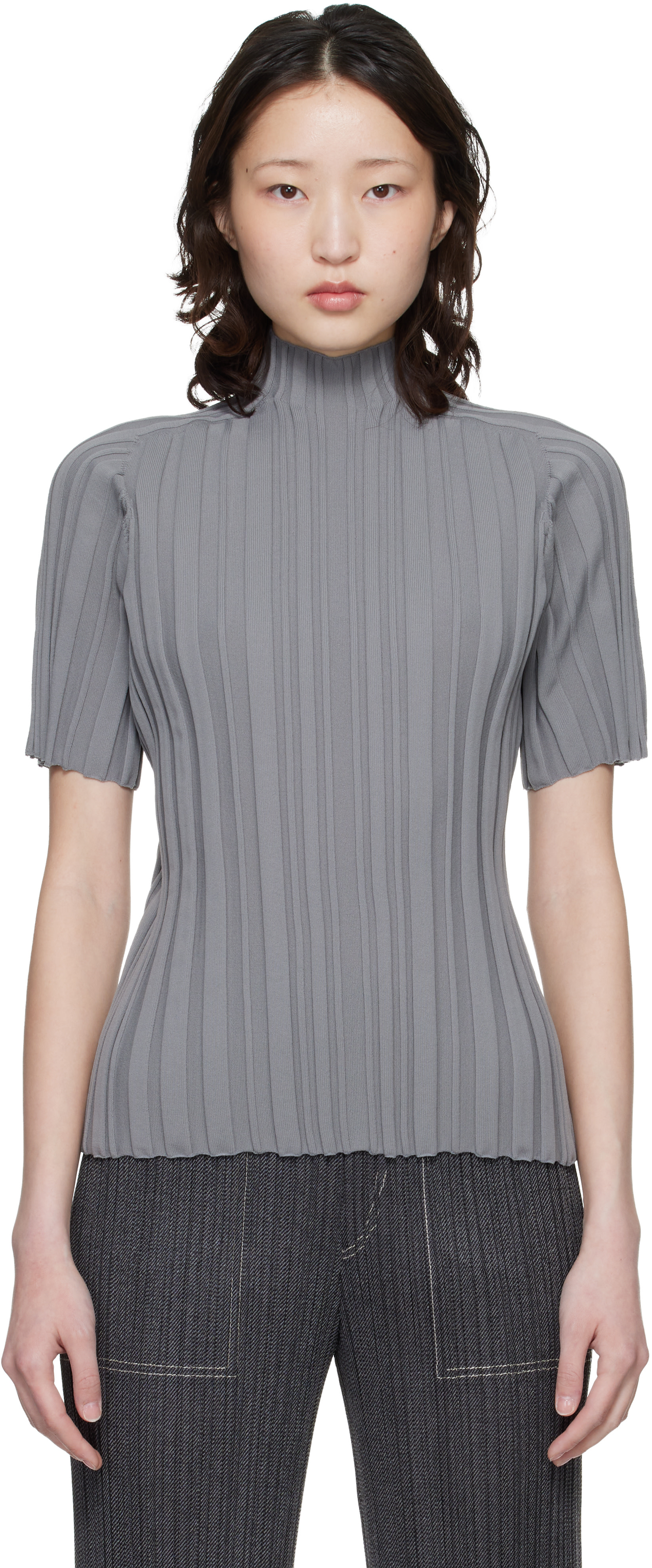 トップス PLEATS PLEASE ISSEY MIYAKE RIB KNIT PLEATS PLEASE ISSEY MIYAKE: Gray Rib Knit Top | SSENSE