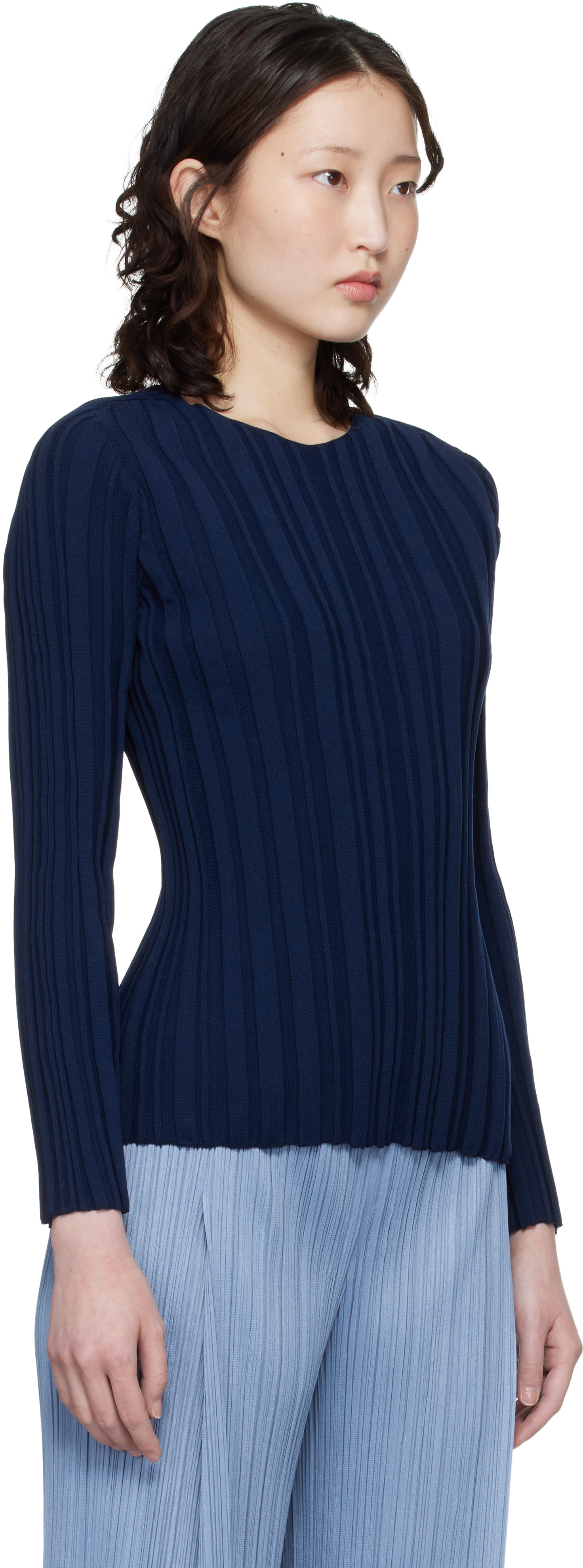 PLEATS PLEASE ISSEY MIYAKE: Navy Rib Knit Top | SSENSE