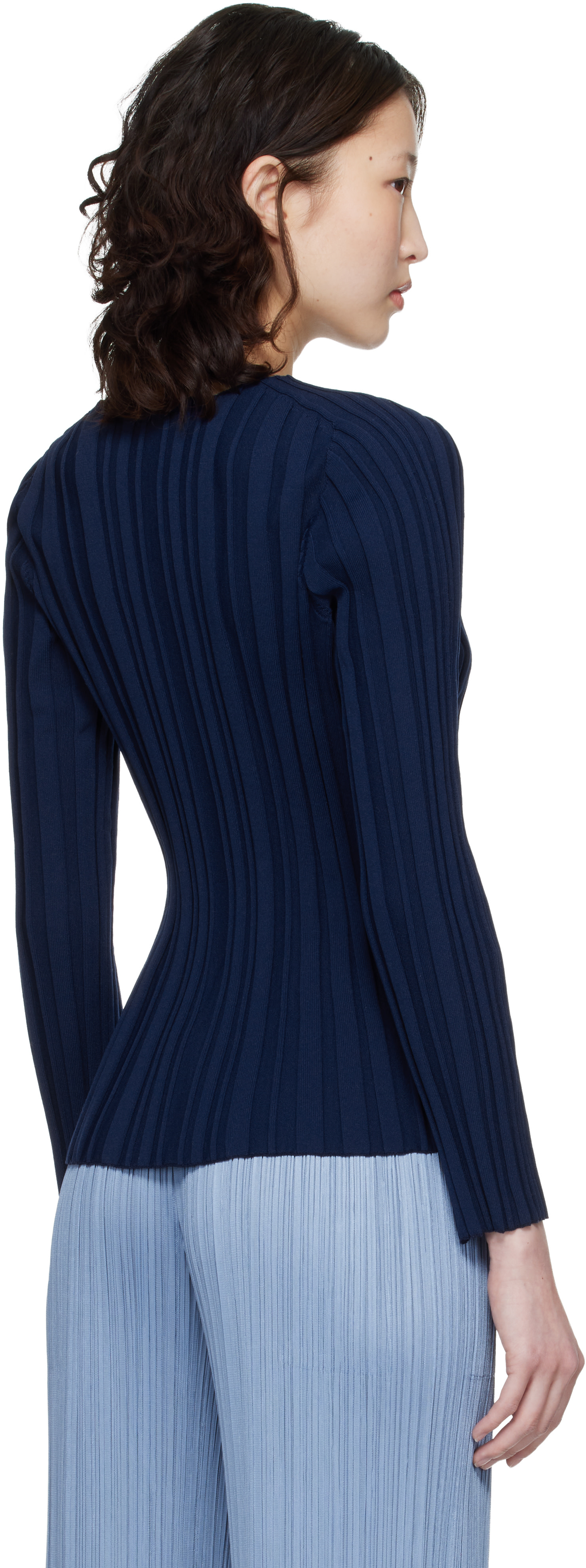 PLEATS PLEASE ISSEY MIYAKE: Navy Rib Knit Top | SSENSE