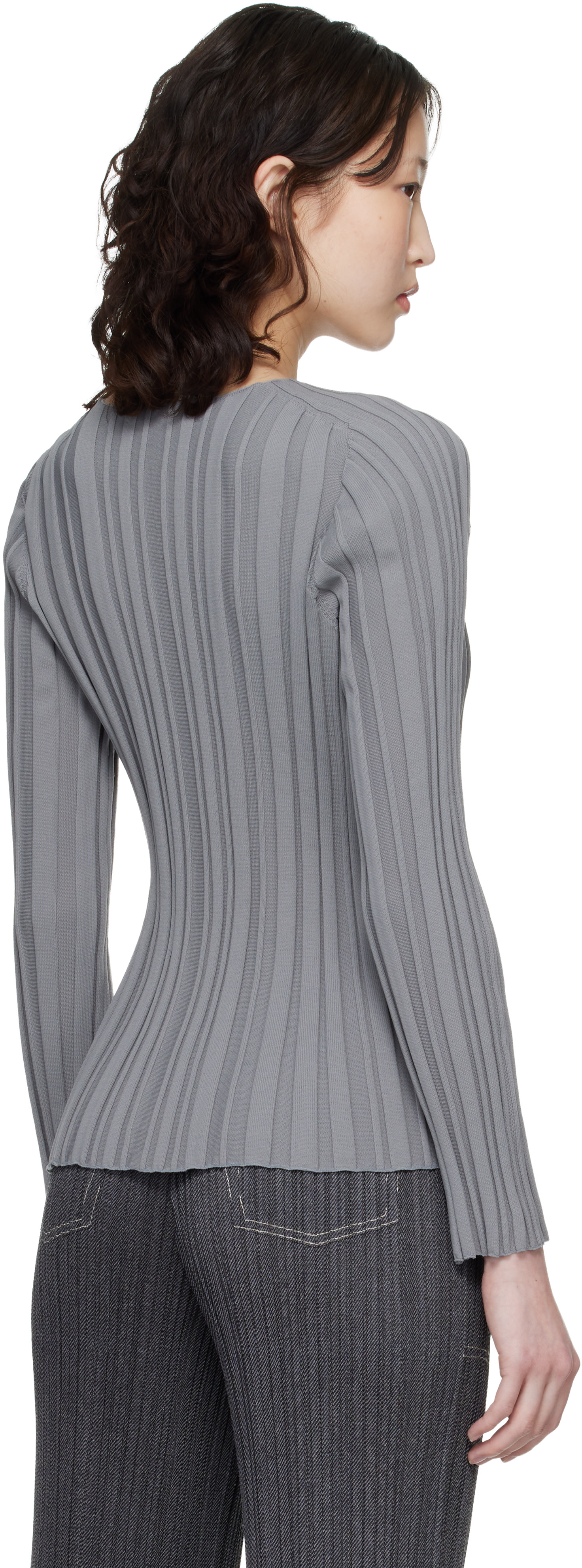 PLEATS PLEASE ISSEY MIYAKE: Gray Rib Knit Top | SSENSE