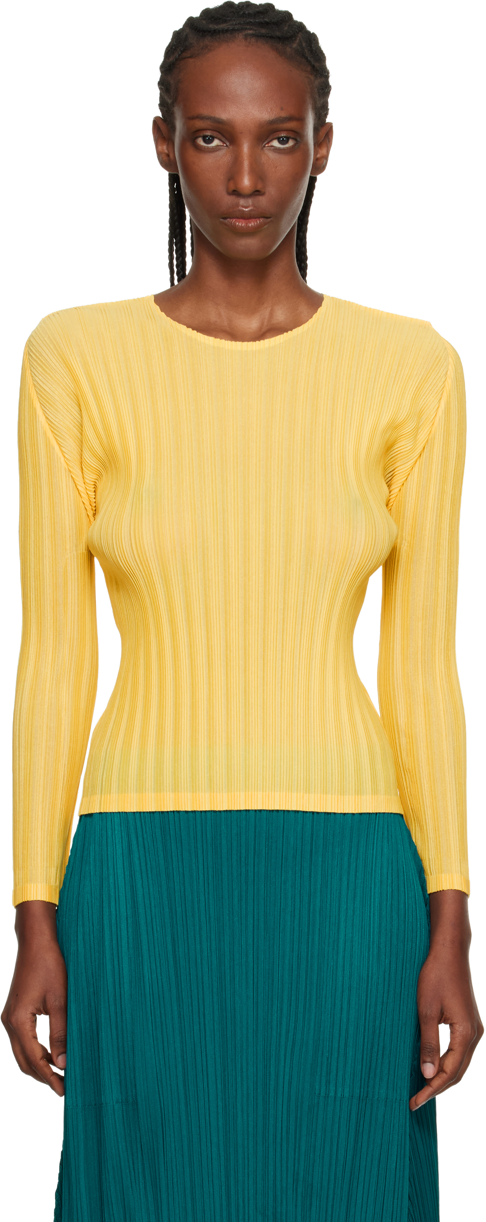 トップス PLEATS PLEASE ISSEY MIYAKE JK182 YELLOW PLEATS PLEASE ISSEY MIYAKE: Yellow Rib Pleats January T-shirt | SSENSE