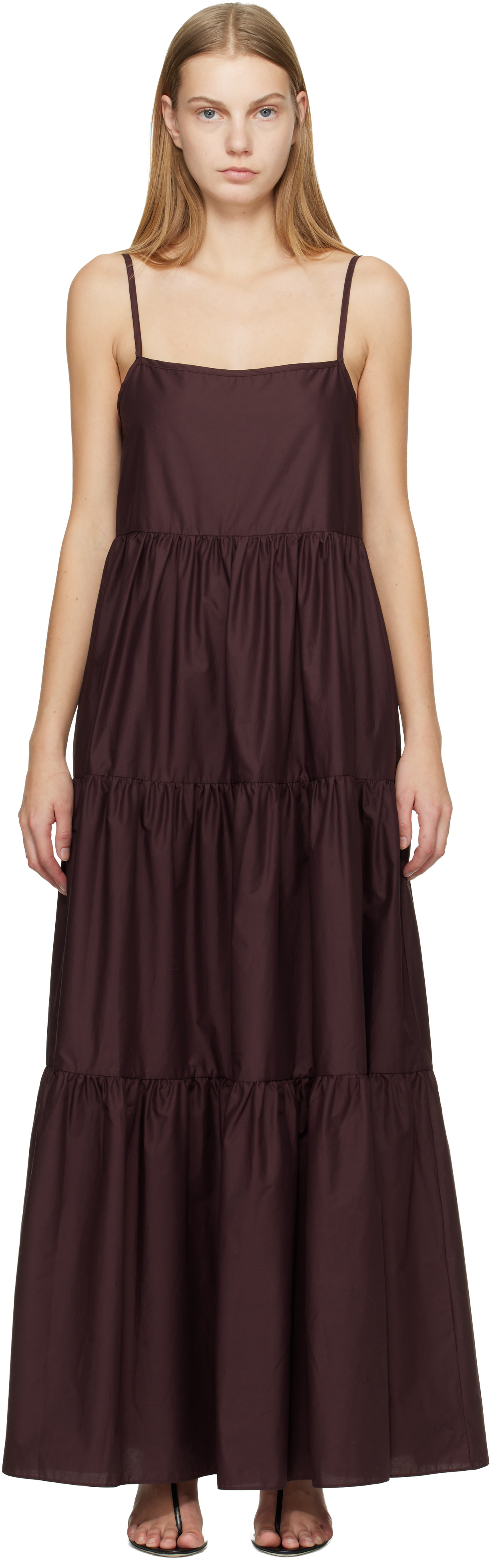 Matteau: Burgundy Tiered Low Back Maxi Dress | SSENSE Italy Matteau: Burgundy Tiered Low Back Maxi Dress | SSENSE Italy