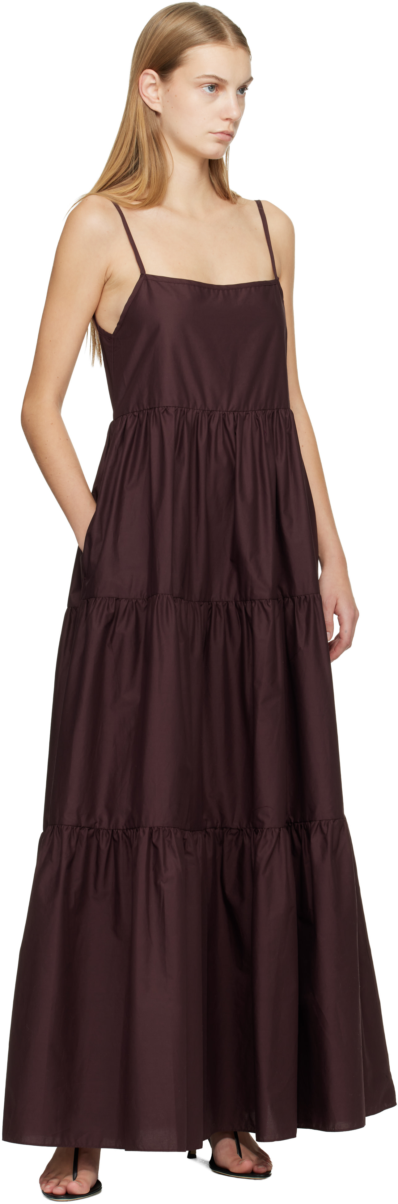Matteau: Burgundy Tiered Low Back Maxi Dress | SSENSE