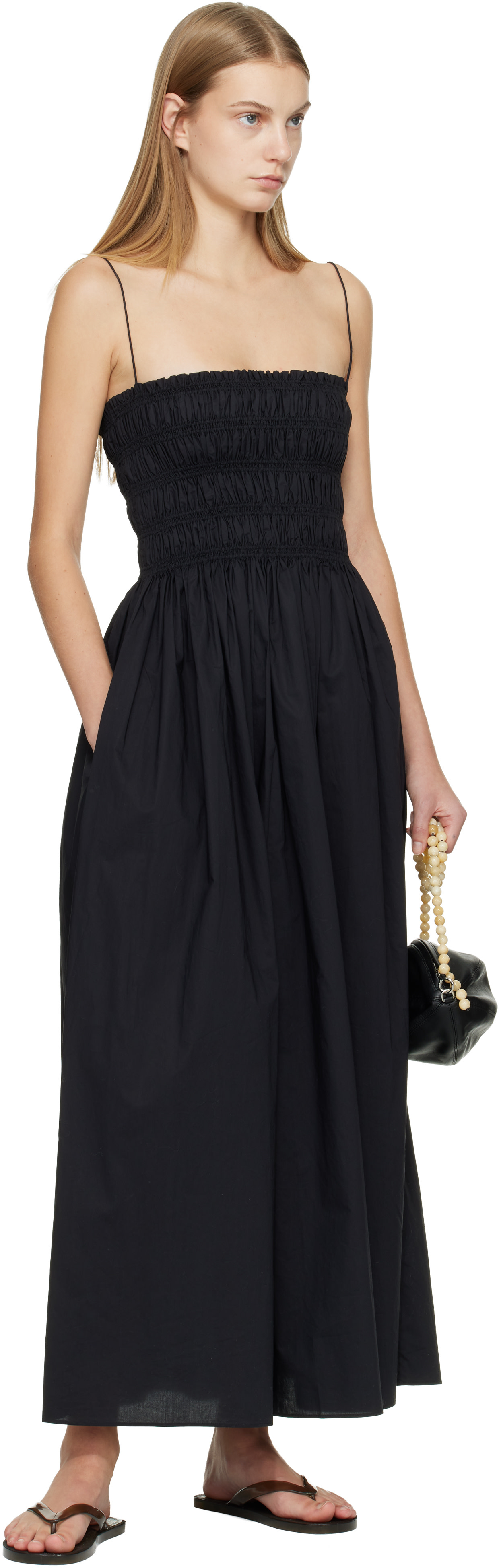 Matteau: Black Shirred Bodice Midi Dress | SSENSE Puerto Rico