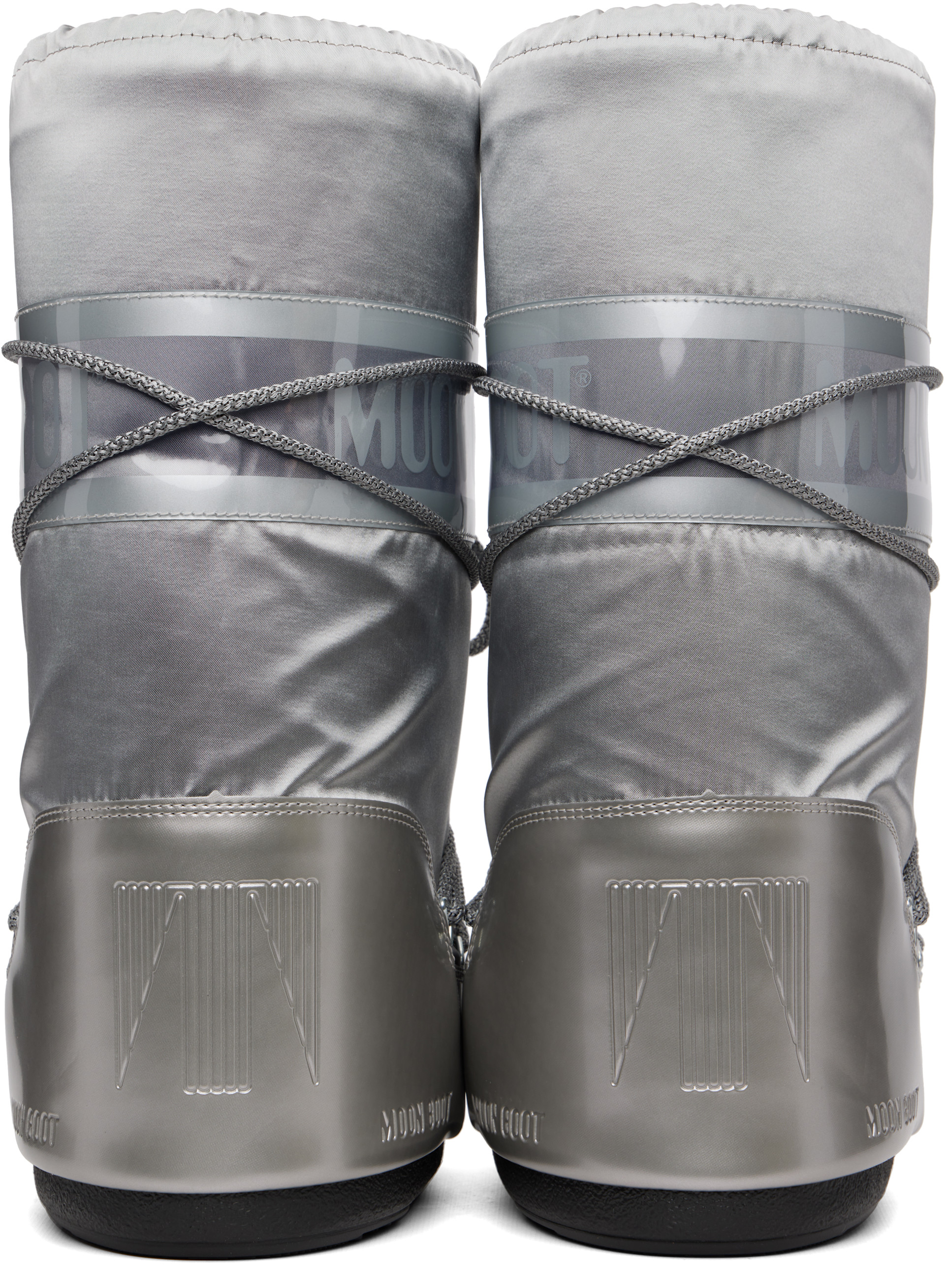 Moon Boot: Silver Icon Glance Satin Boots | SSENSE Canada