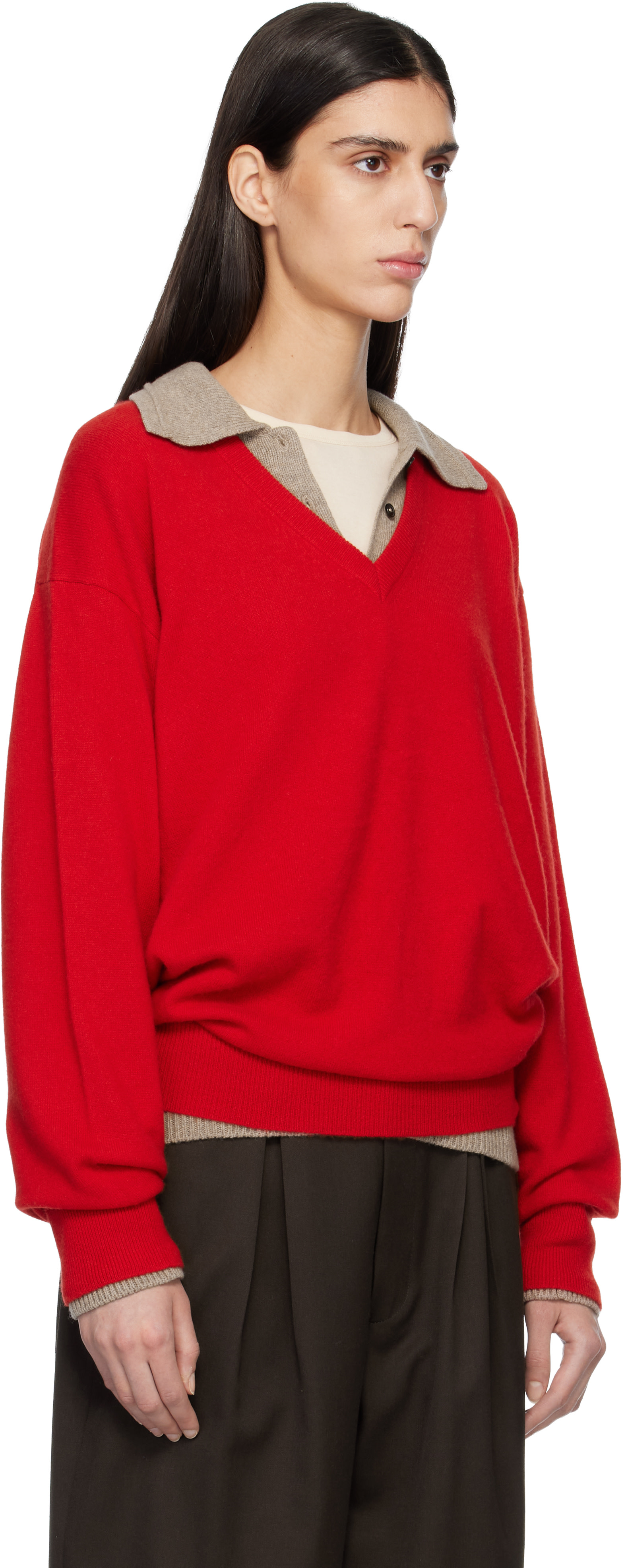 ssstein: Red Pure Cashmere Knit V Neck LS Sweater | SSENSE