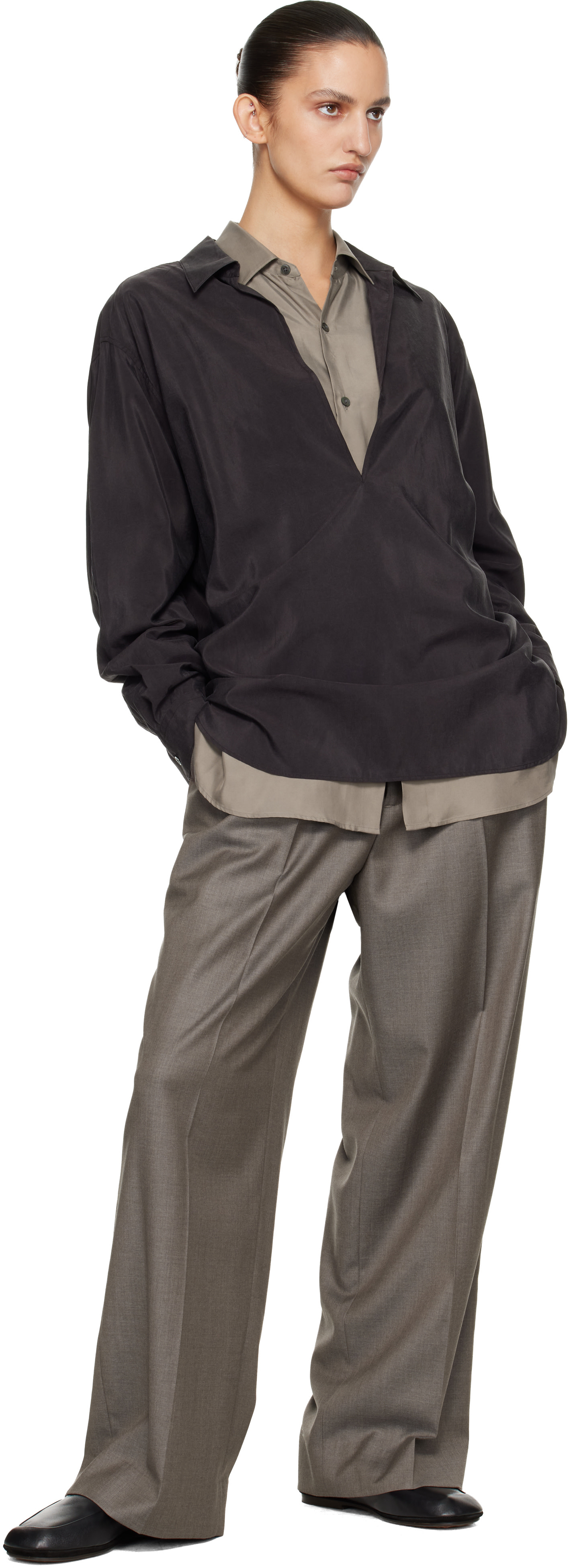 ssstein: Brown Silk Nylon Skipper Shirt | SSENSE