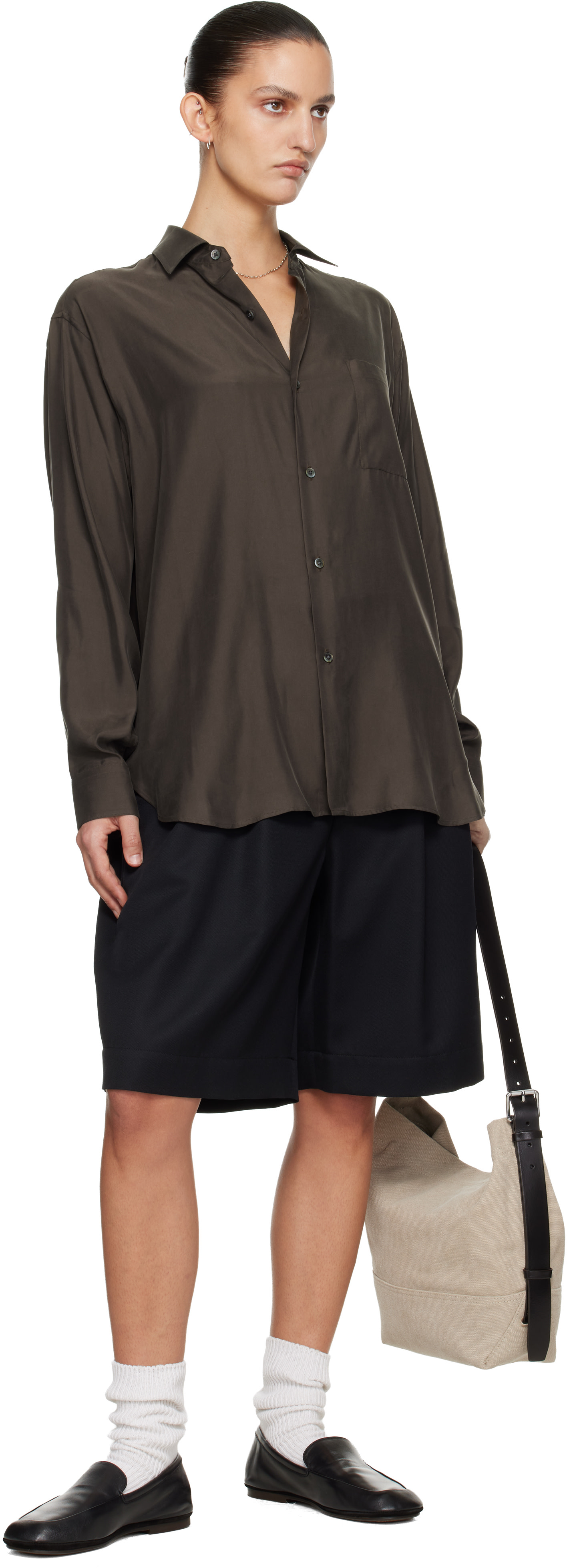 ssstein: Brown Cupro Twill Oversized LS Shirt | SSENSE