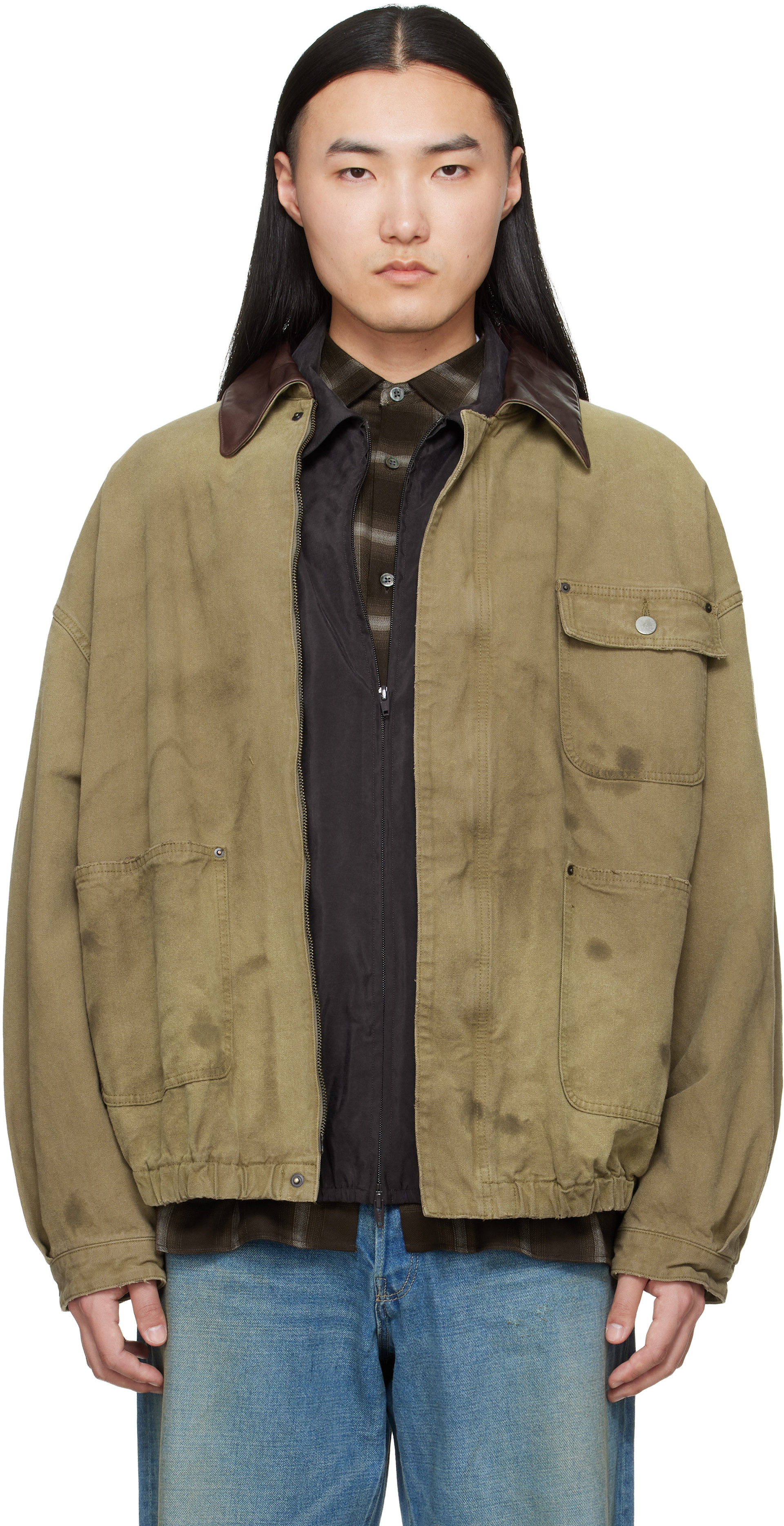 SULFUR DYED OXFORD VINTAGE JACKET XSサイズ ssstein: Khaki Sulfur Dyed Oxford Vintage Jacket | SSENSE