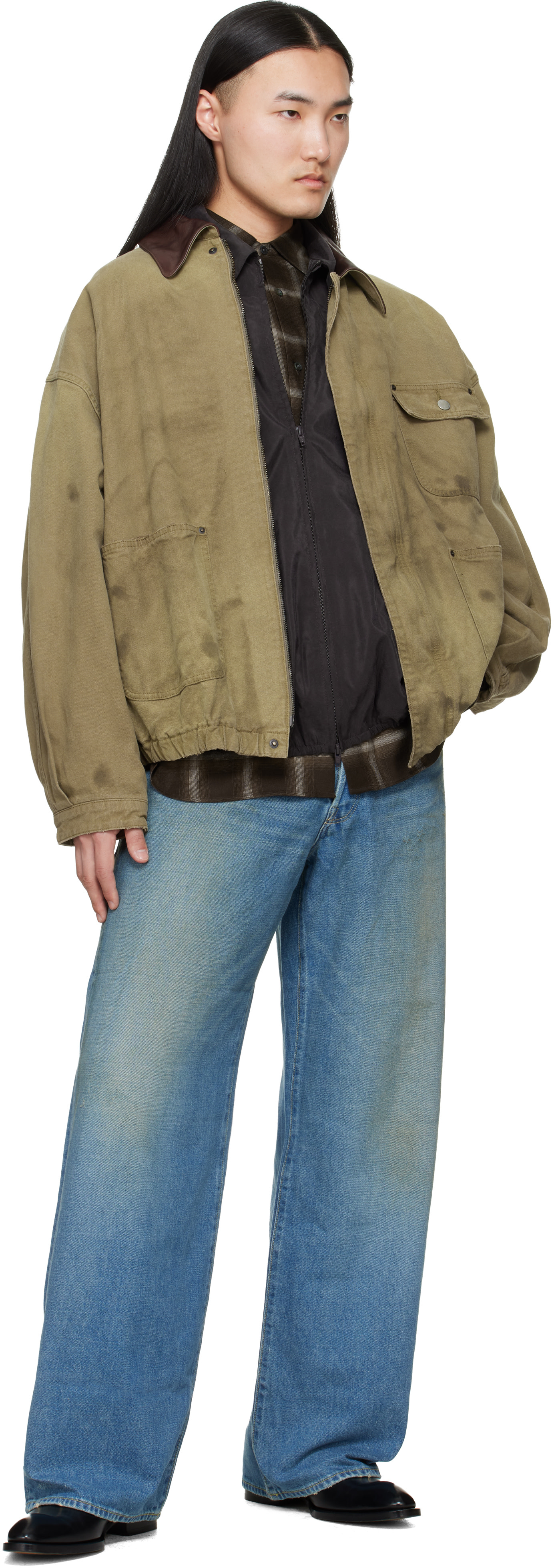 SULFUR DYED OXFORD VINTAGE JACKET XSサイズ ssstein: Khaki Sulfur Dyed Oxford Vintage Jacket | SSENSE