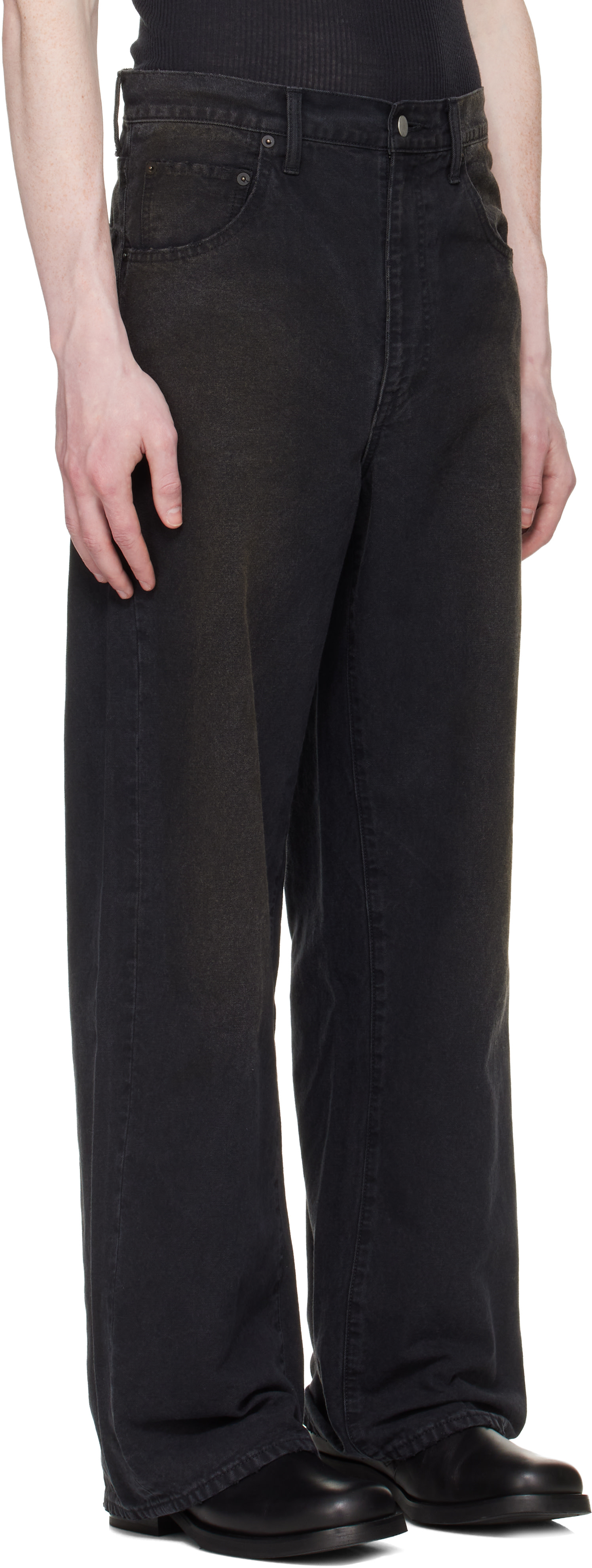 【新品】 ssstein SULFUR DYED OXFORD VINTAGE ssstein: Black Sulfur Dyed Oxford Vintage Wide Trousers | SSENSE