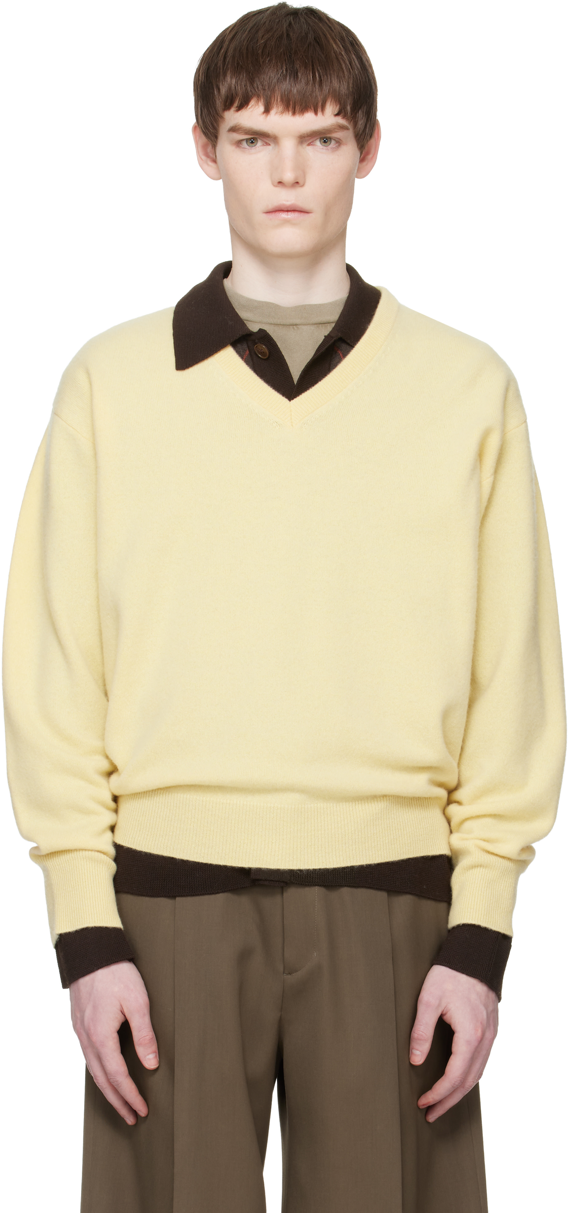 ssstein: Yellow Pure Cashmere V Neck LS Sweater | SSENSE