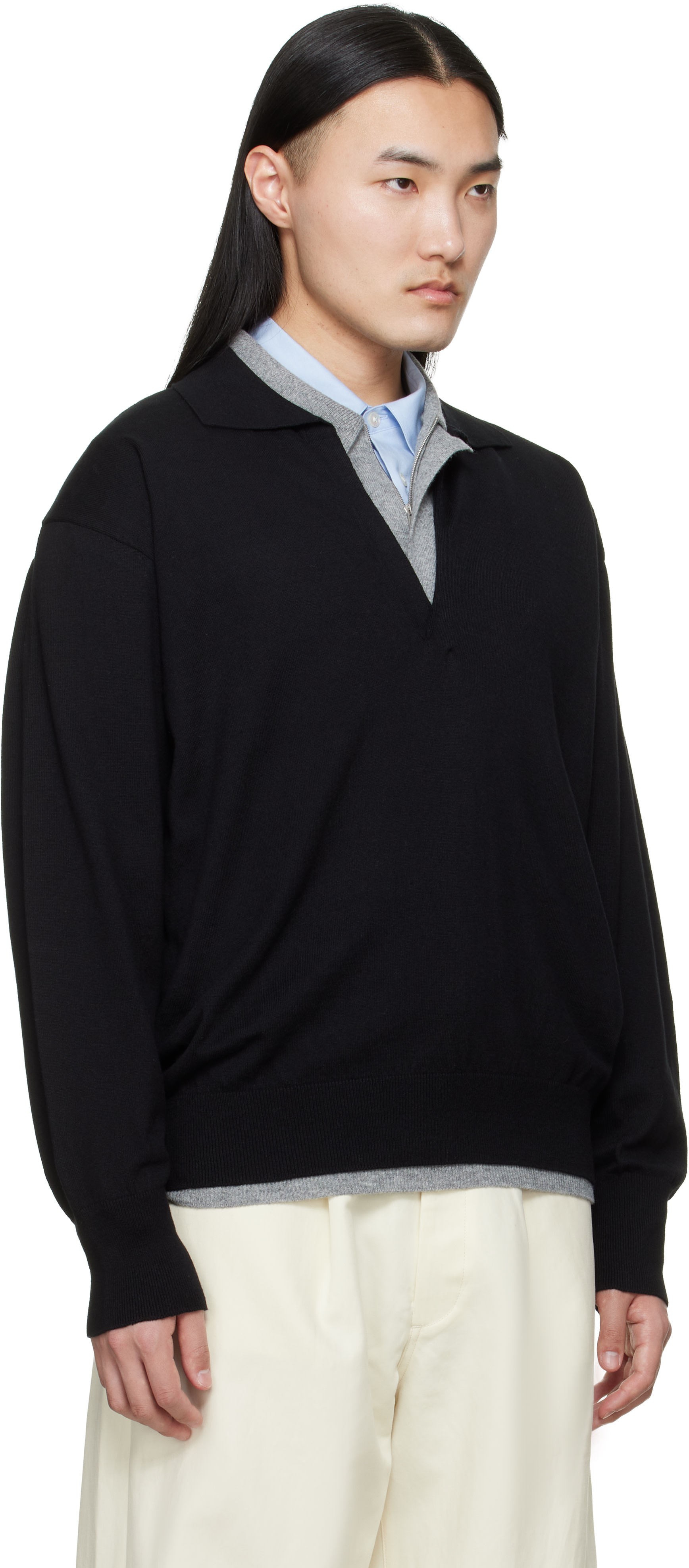 ssstein: Black Organic Cotton Knit Skipper LS Polo | SSENSE