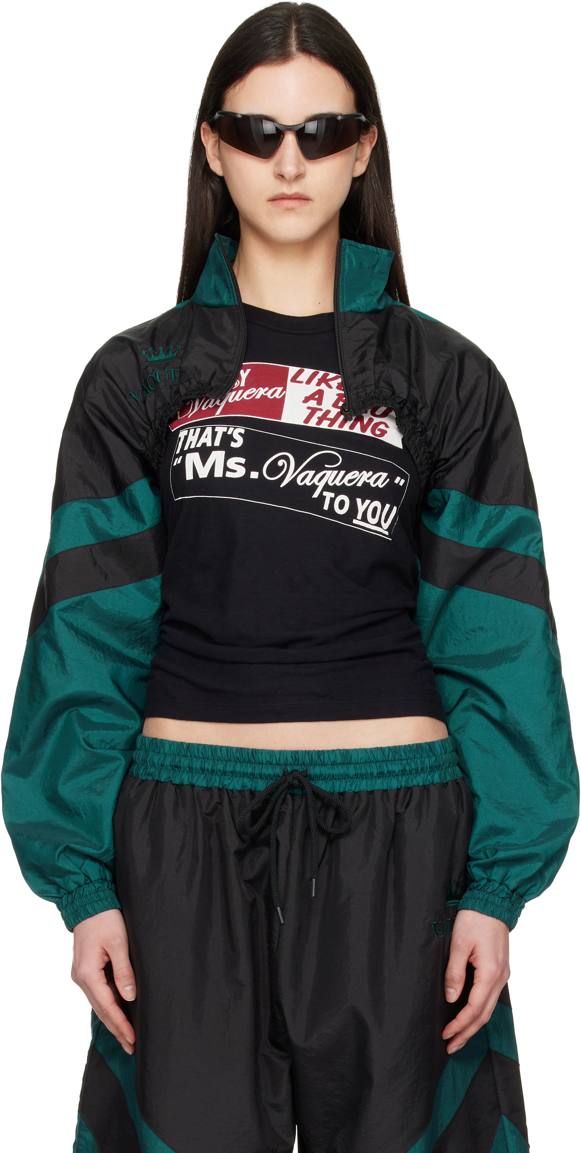 VAQUERAスローガンジャケット VAQUERA: Green & Black Cropped Windbreaker Jacket | SSENSE Denmark