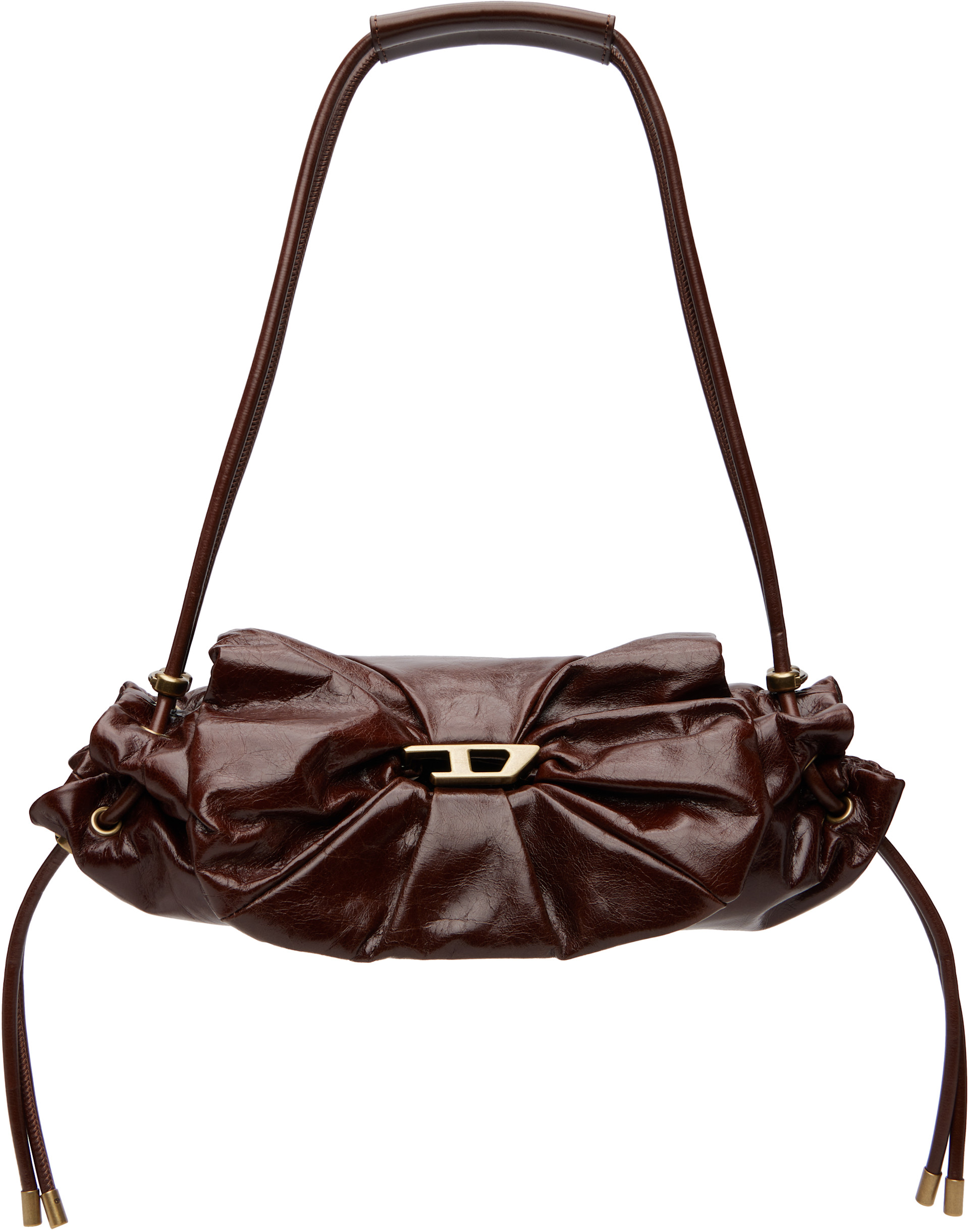 Diesel: Brown Scrunch-D-Small Shiny Leather Shoulder Bag | SSENSE
