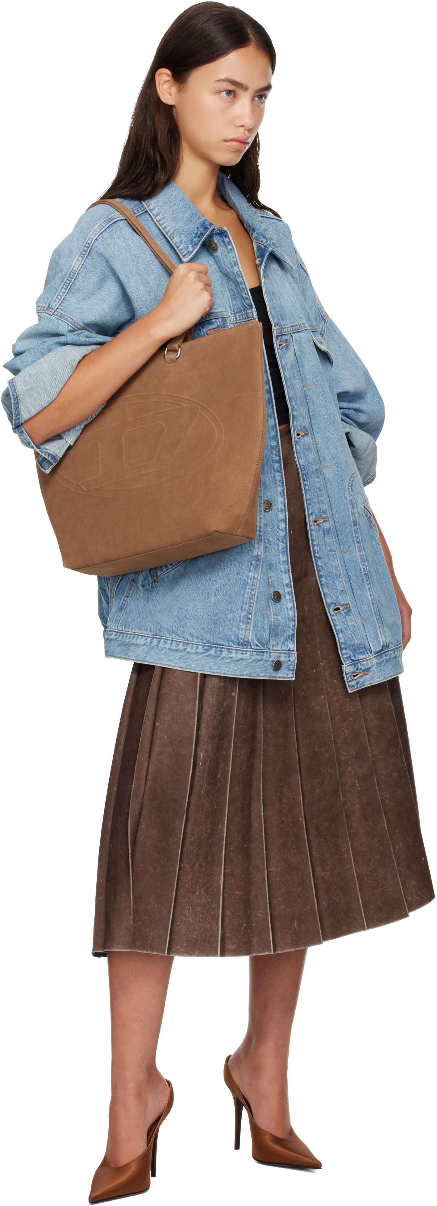 Diesel: ベージュ 1DR Dome Oval D Logo スエード トートバッグ 