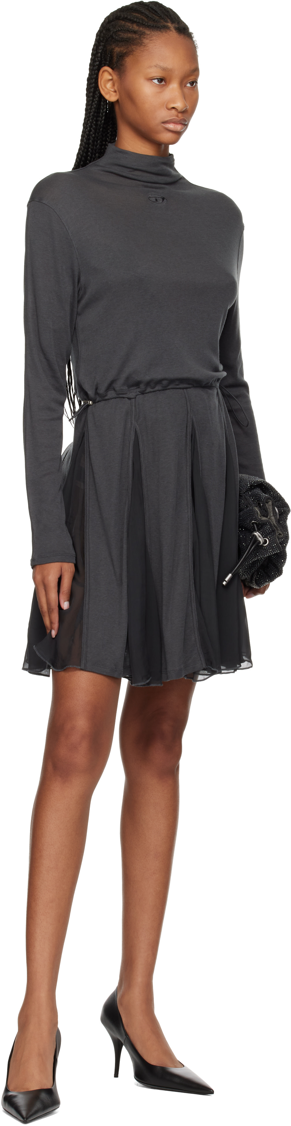 grey jersey mini dress Diesel: Gray & Chiffon Turtleneck Minidress Citron Garden Jacquard