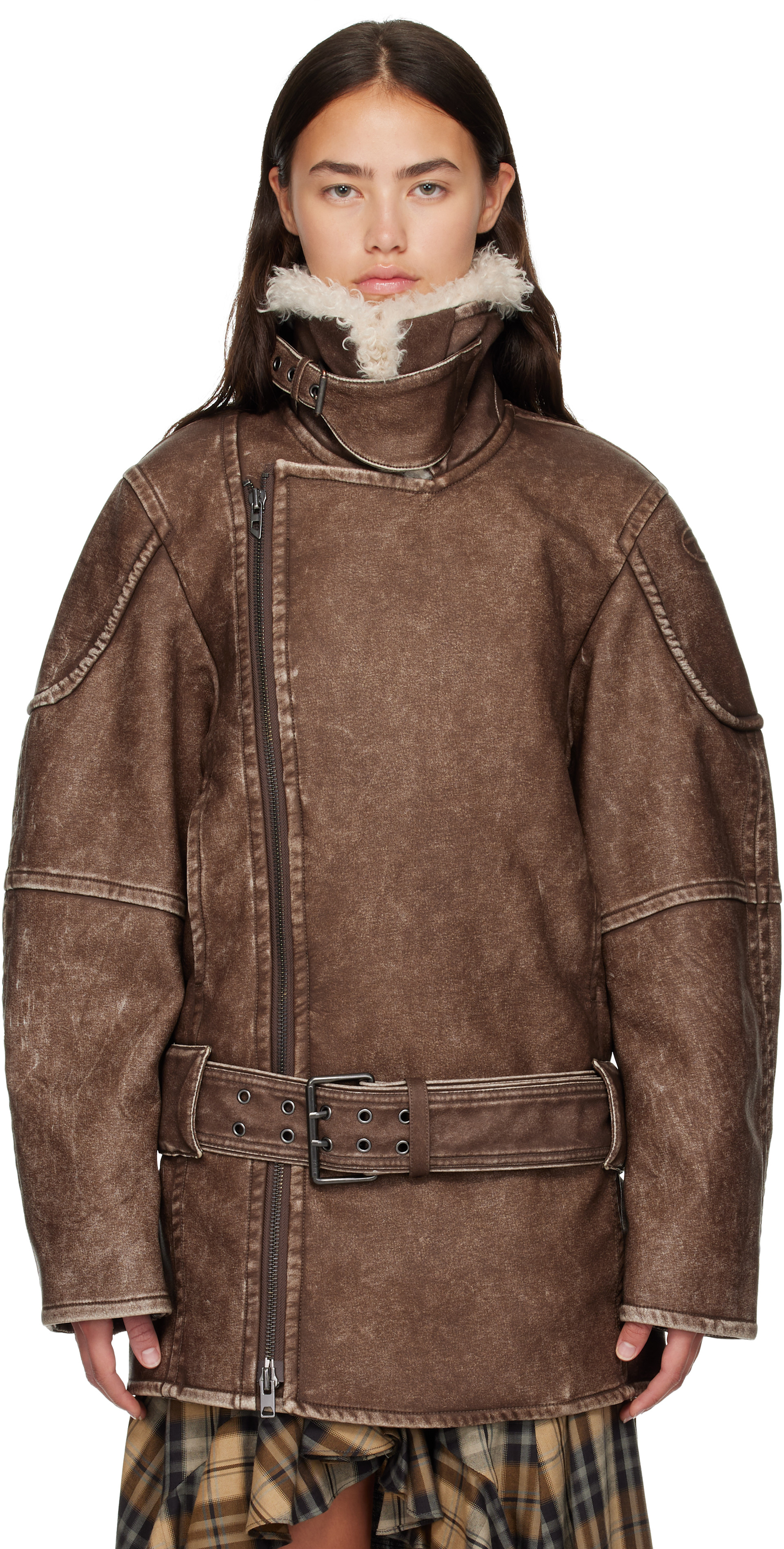 Diesel: ブラウン ダブルブレスト アビエイター バイカー コート