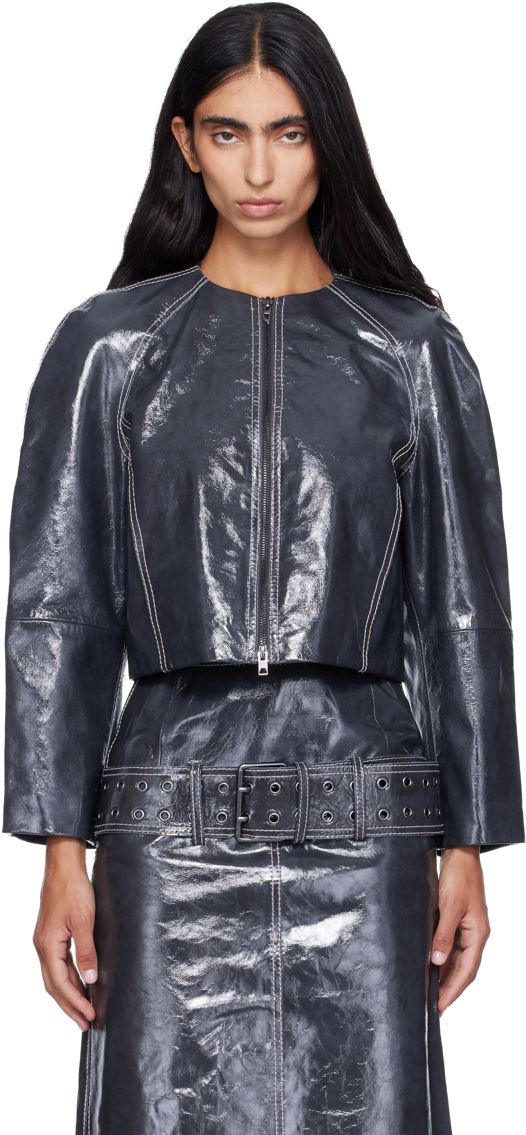Diesel: Gray Patent-Leather Cocoon Sleeve Jacket | SSENSE
